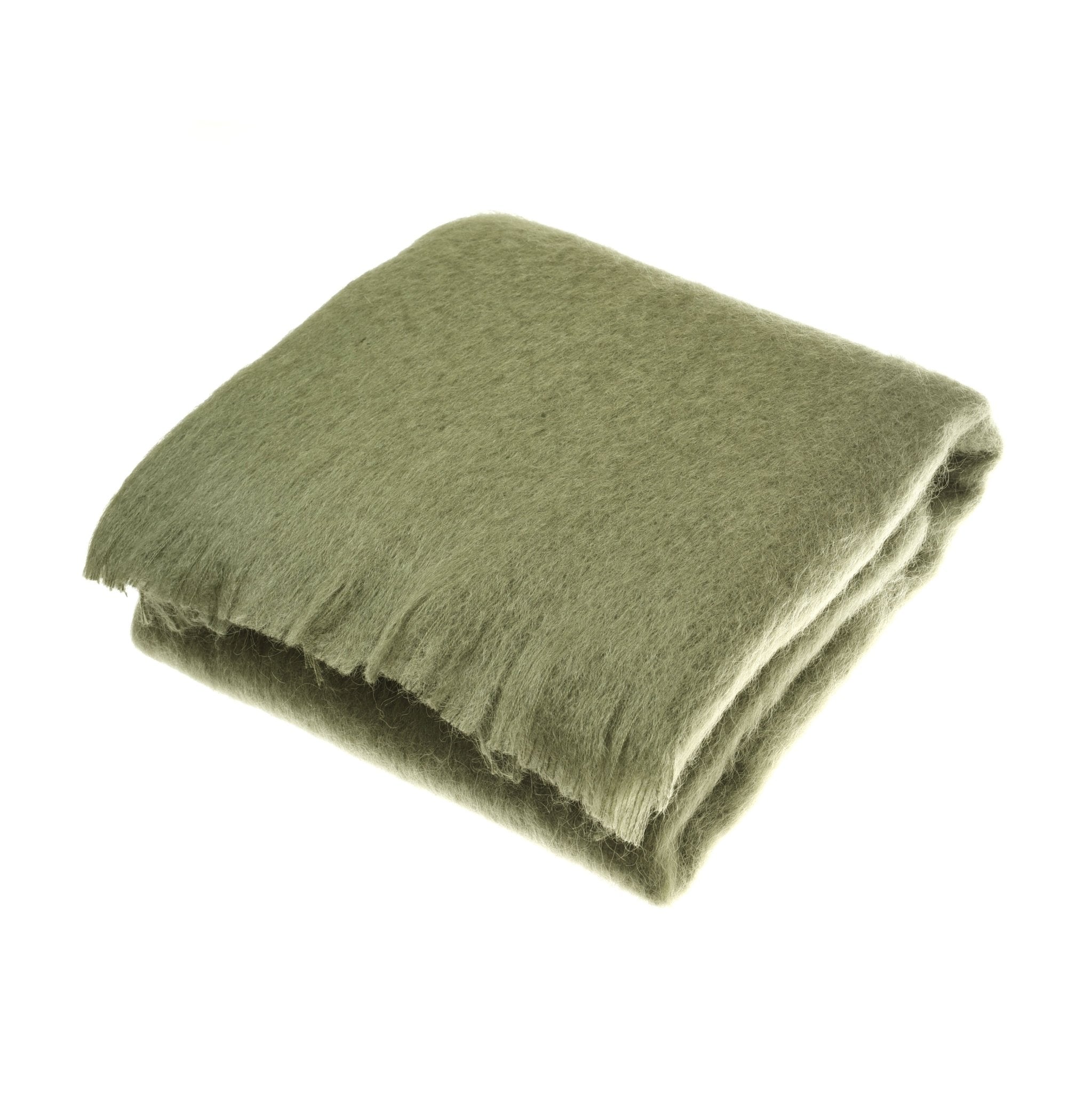 A folded Campbells of Beauly Mohair Throw in soft moss, featuring fringed edges, adds a touch of luxury, elegantly displayed on a white background.
