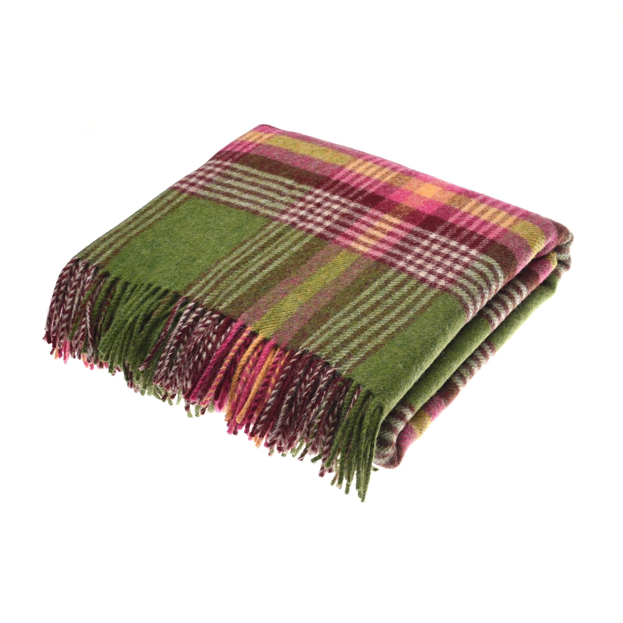 A folded Kilmorack Lambswool Throw by Campbells of Beauly, made from soft Shetland wool in a green, pink, and brown check with fringed edges, is elegantly displayed on a white background.
