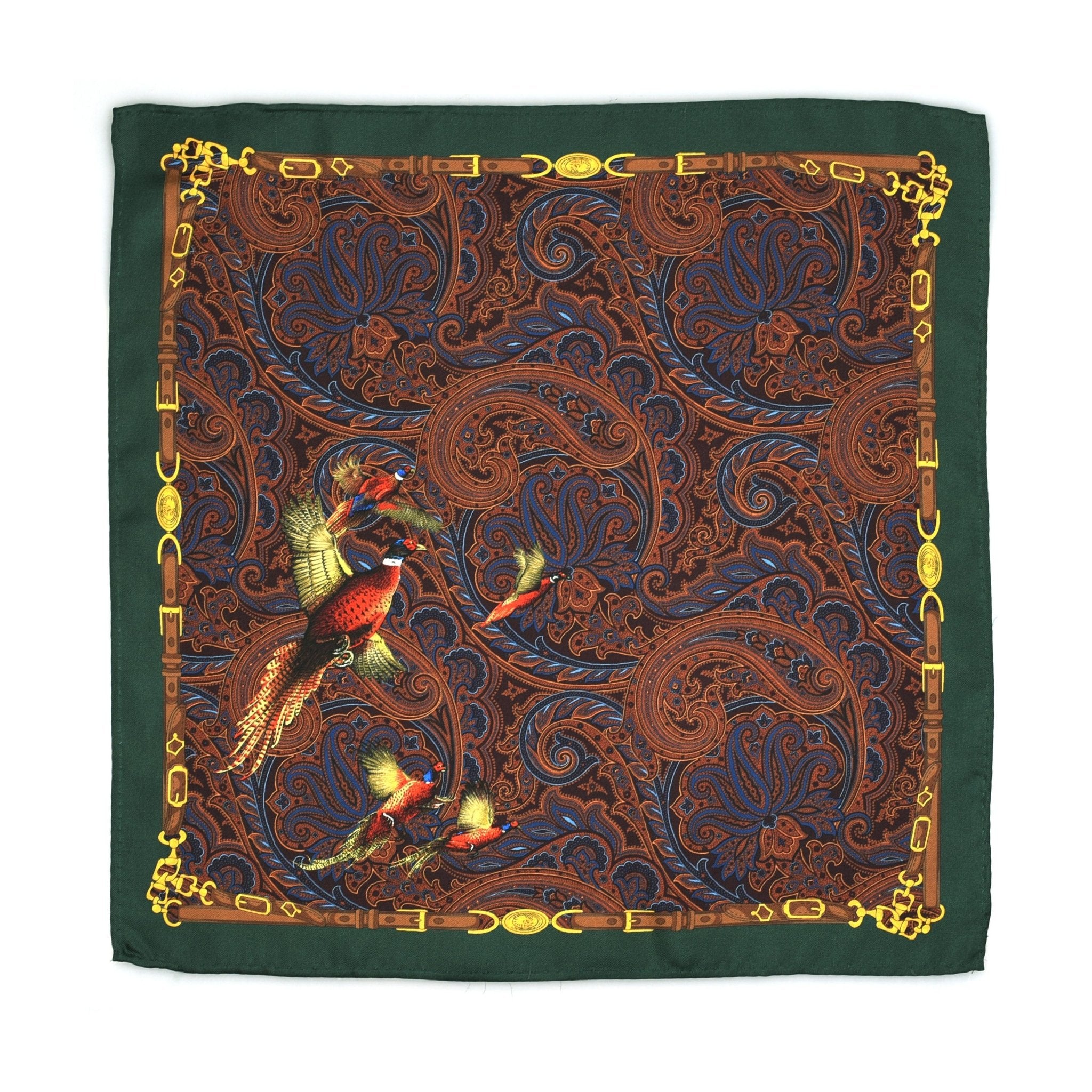 The Silk Hank by Campbells of Beauly features an olive hue, hand-rolled edges, ornate gold detailing, and a blue-and-brown paisley pattern. Two phoenix-like birds in the corner add timeless charm to this square scarf accessory.