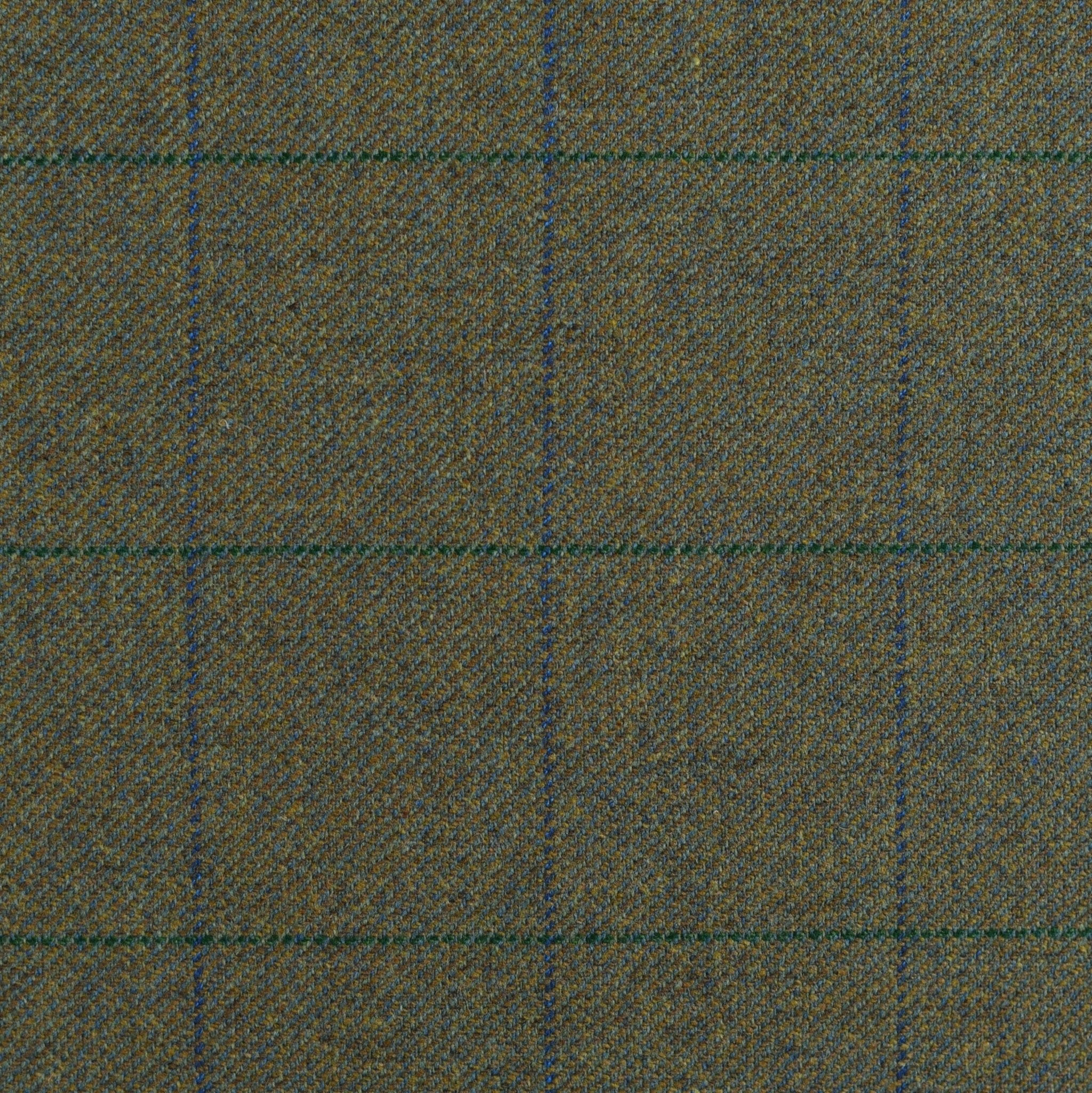 House Tweed 30250 by Campbells of Beauly is an olive green Scottish tweed with a subtle checked pattern, featuring thin blue and green lines forming large squares and a slightly rough, woven texture that reflects quality craftsmanship.