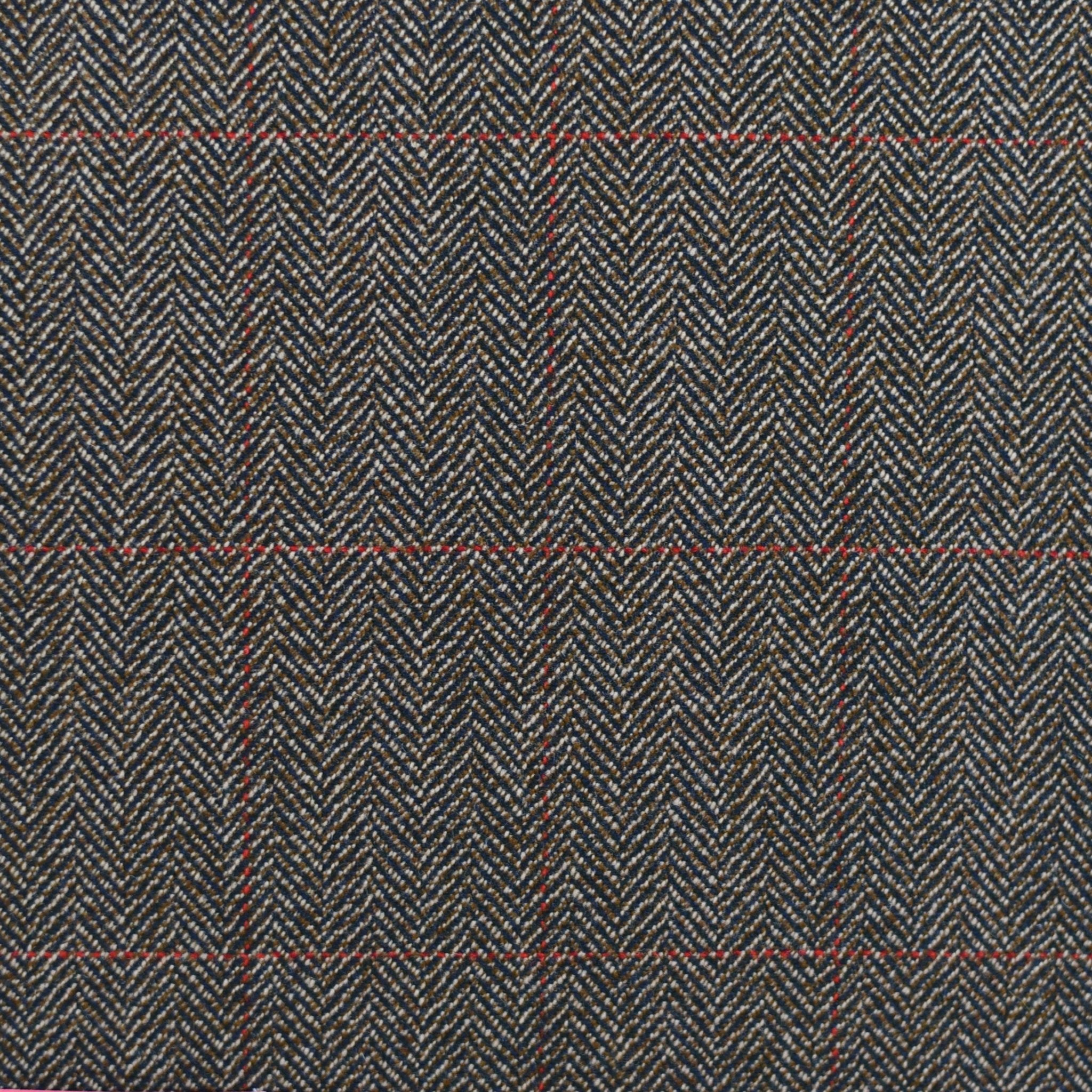 Close-up of Campbell’s of Beauly House Tweed 68866: gray herringbone fabric with a subtle red windowpane check, showcasing traditional craftsmanship and refined tailoring.