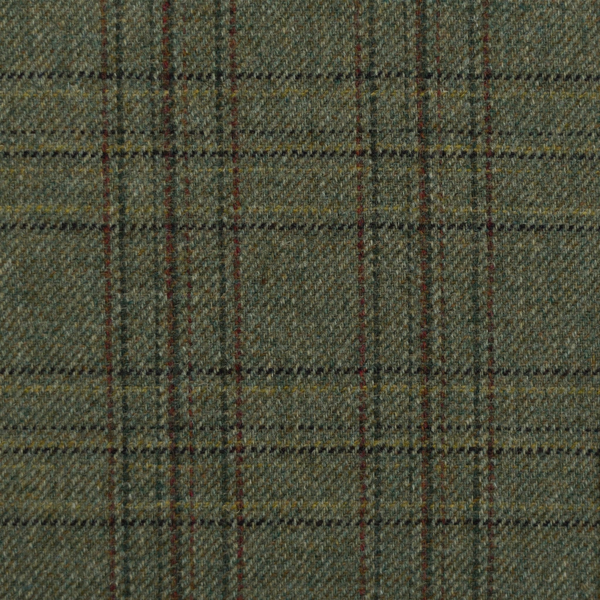 Close-up of Campbells of Beauly House Tweed 81766 fabric. Thin brown and subtle red stripes form a plaid grid over textured green, showcasing a coarse weave for a classic bespoke and traditional Scottish Tweed style.