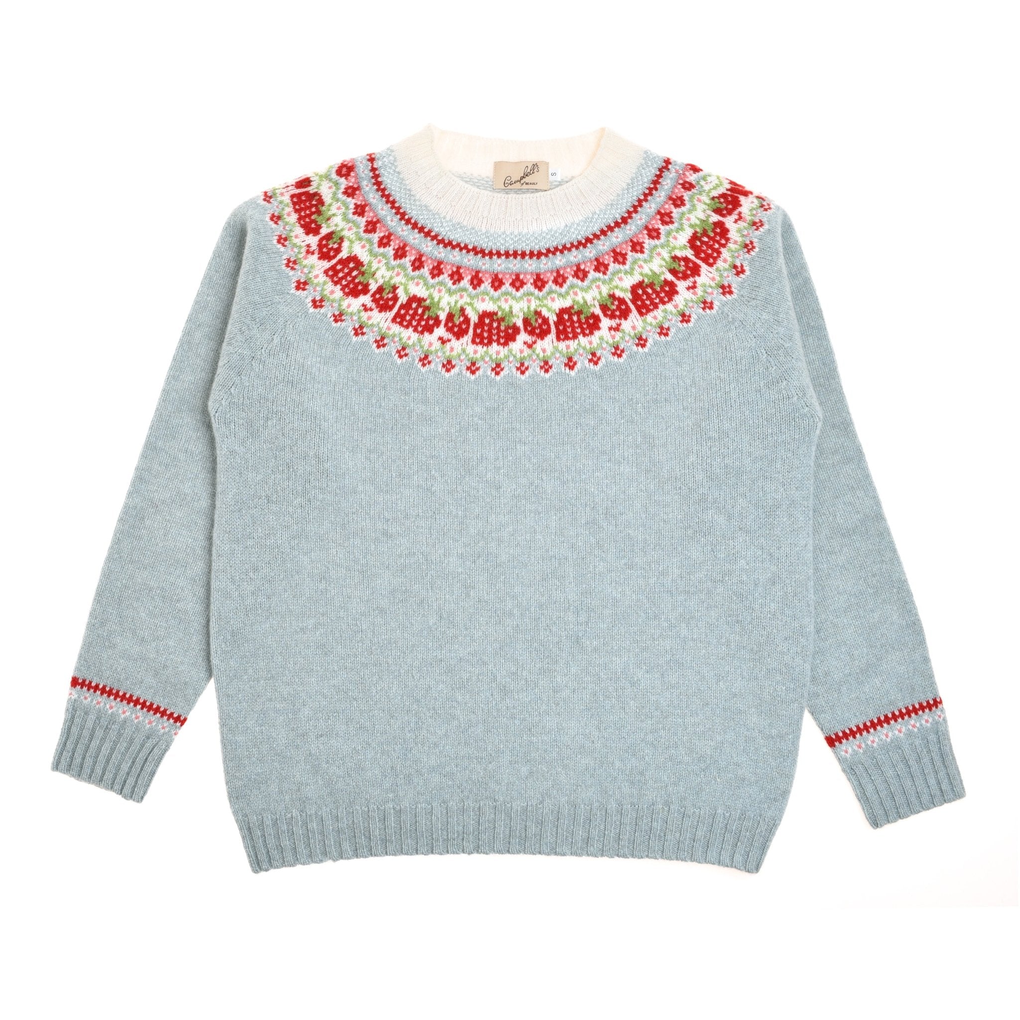 Campbells of Beauly Geelong Lambswool Strawberry Yoke Jumper in Skye features a round neckline, vibrant Fairisle yoke in red, white, green, and red-white accents on the cuffs. Classic Aberdeenshire style shown laid flat.