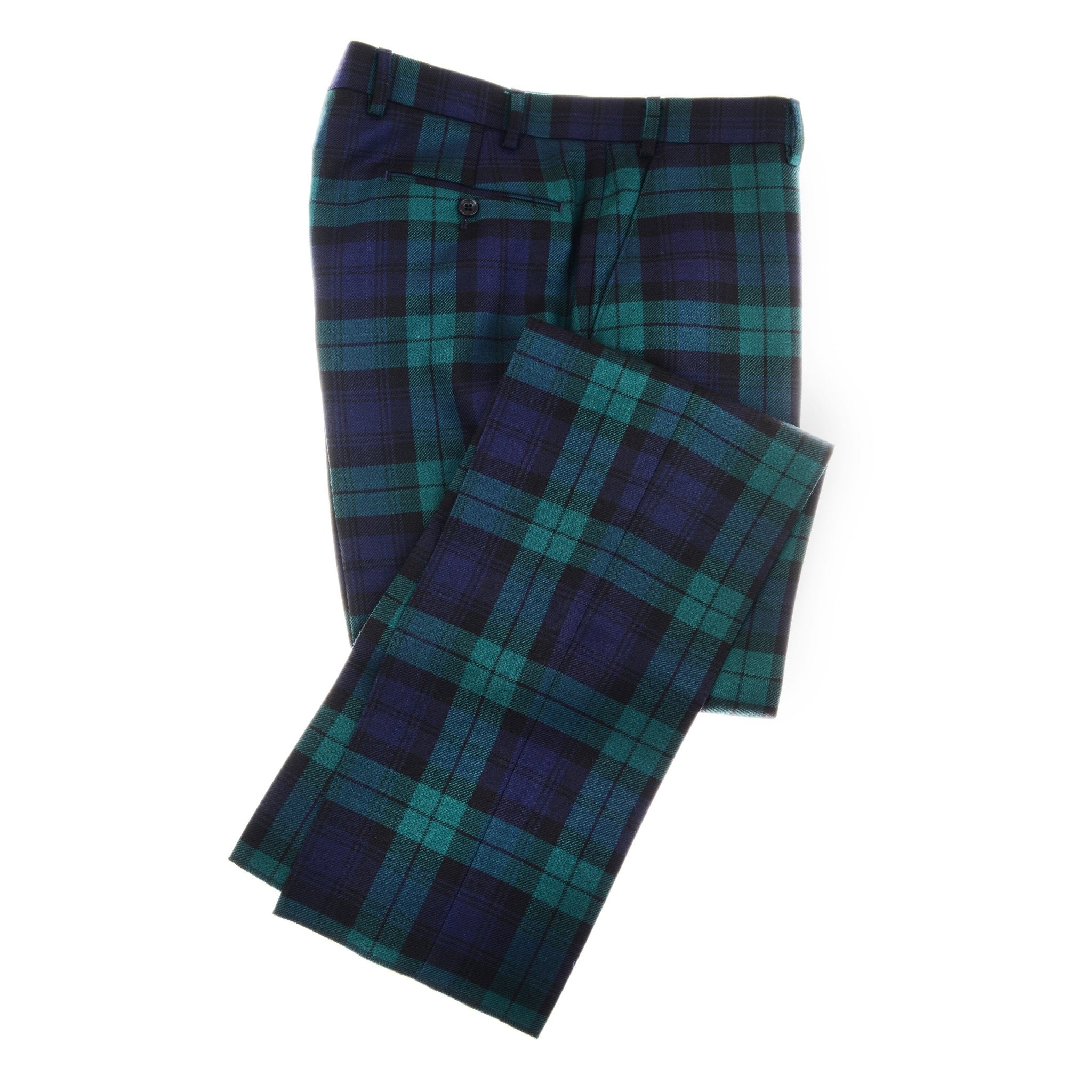 A pair of Campbells of Beauly Tartan Trousers in blue, green, and black plaid, 100% wool, with a buttoned back pocket and belt loops, is shown folded on a white background. Hemming charge may apply.