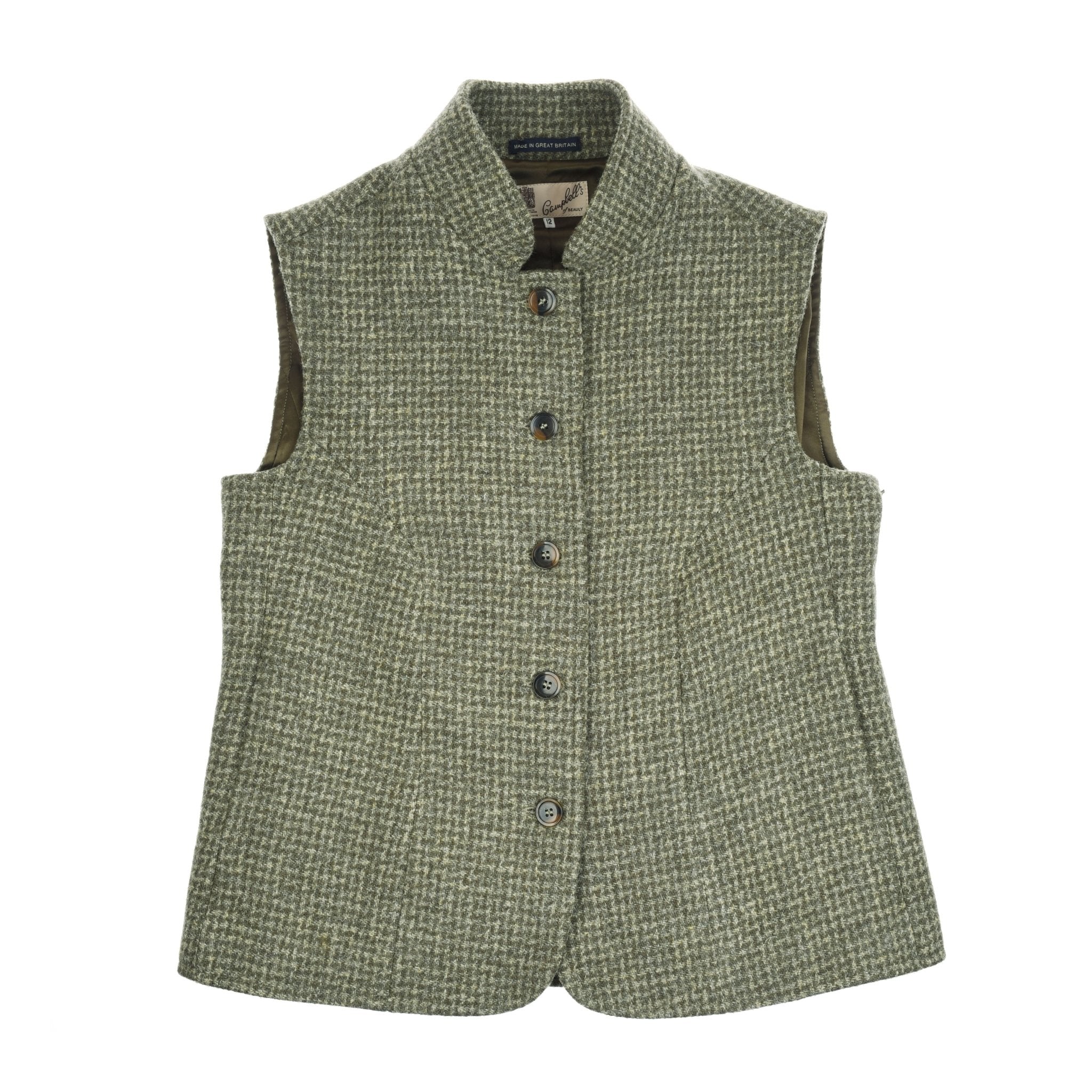 The Harris Tweed Houndstooth Gilet by Campbells of Beauly is a sleeveless green and white vest with a high collar, five front buttons, classic fit, and textured fabric for a timeless look.