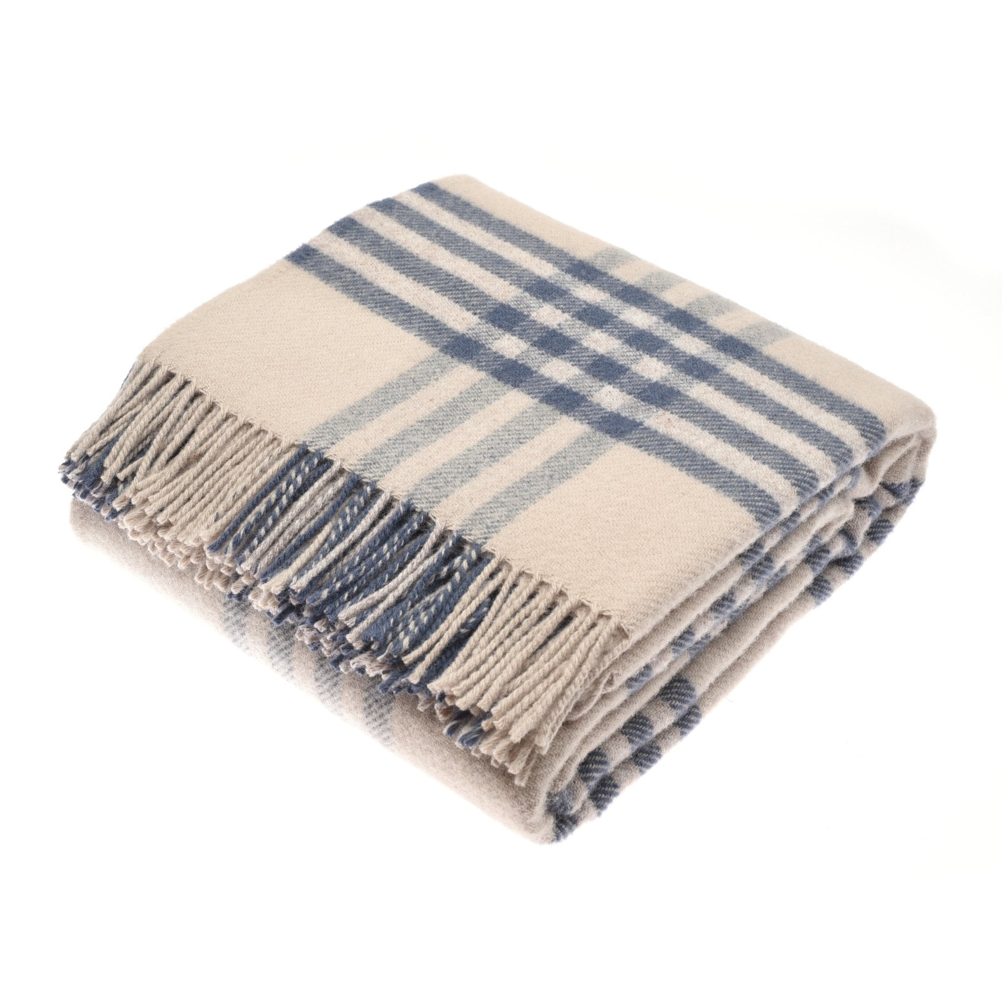 The Tarradale Lambswool Throw by Campbells of Beauly is a beige throw with blue plaid stripes, fringed edges, and a classic check pattern, displayed neatly on a white background.
