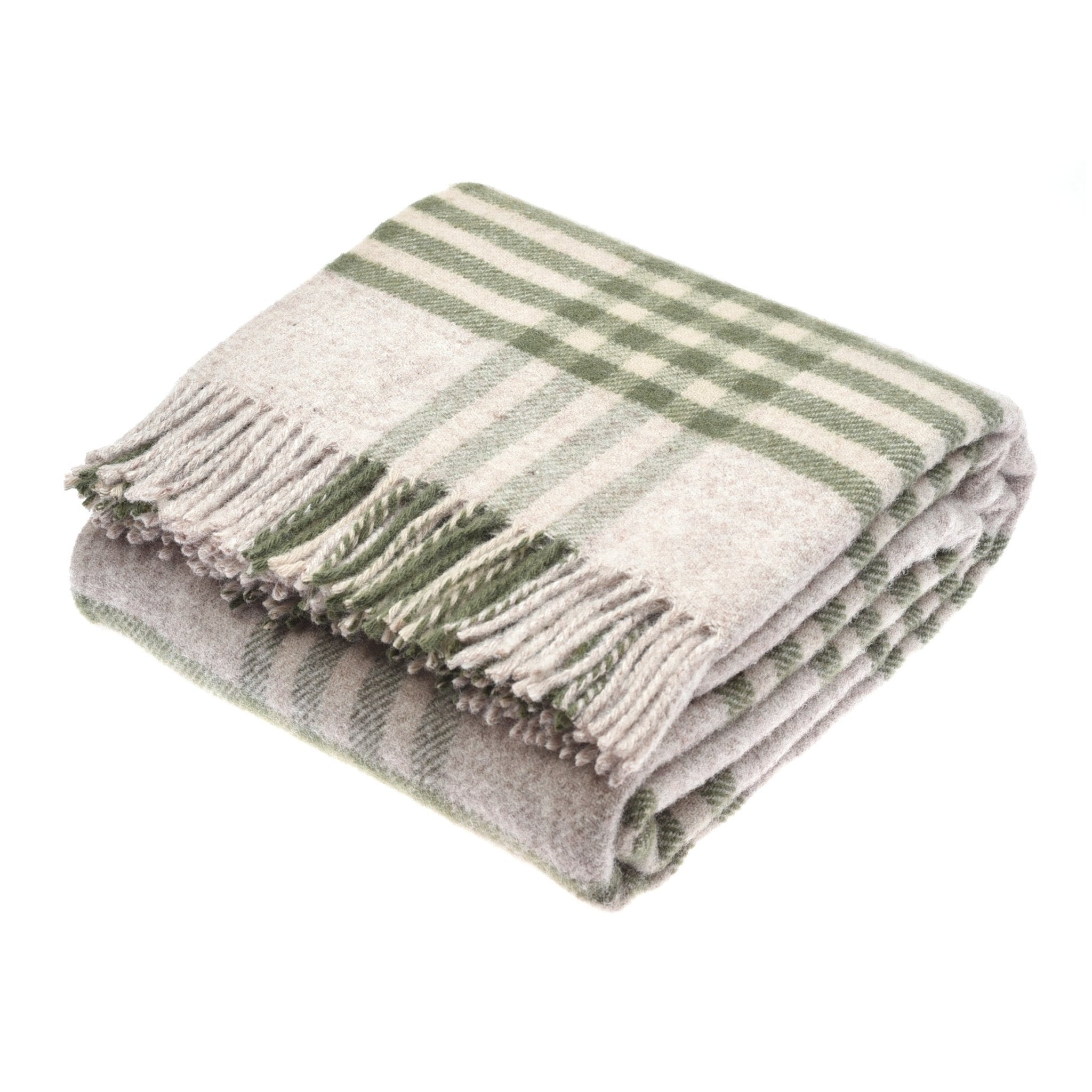 The Tarradale Lambswool Throw by Campbells of Beauly features a green and beige check design, fringed edges, and highlights British craftsmanship.