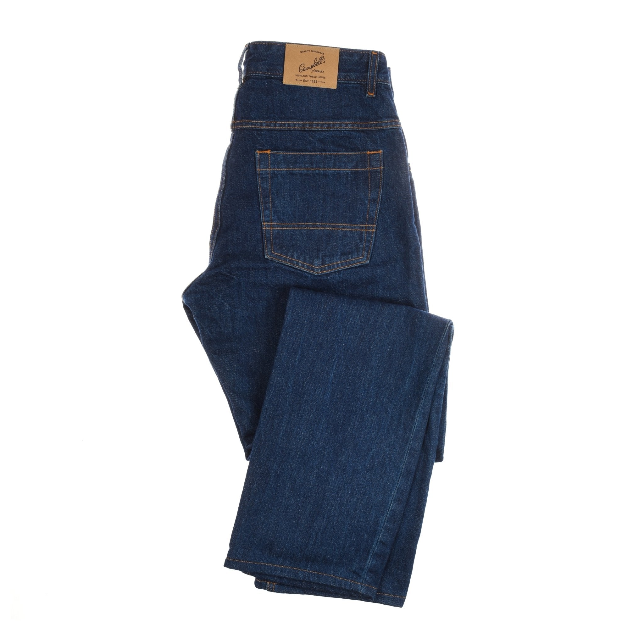 Campbells of Beauly Denim Jeans in medium-dark indigo selvedge denim feature brown stitching, a tan leather waistband patch, and are made from 100% cotton. Shown folded on a white background.