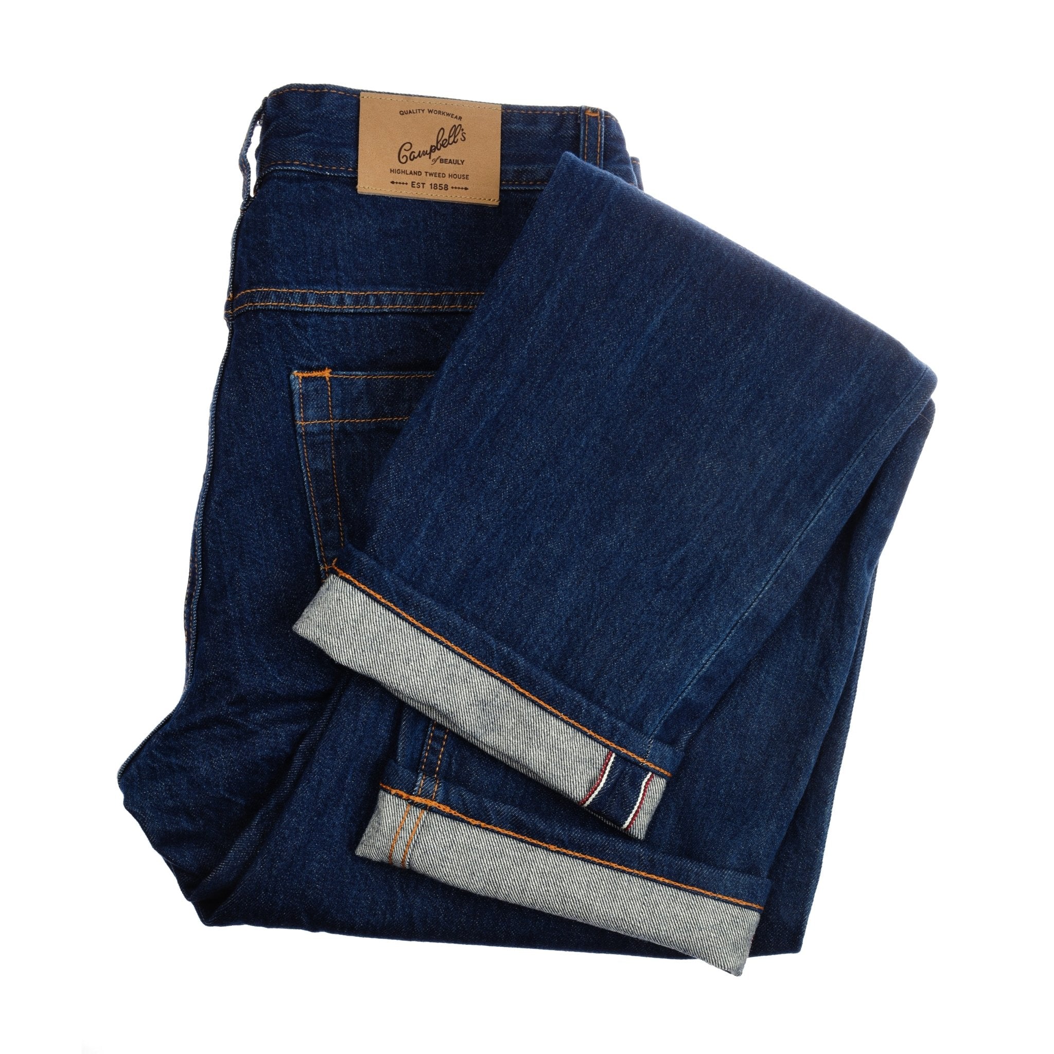 Campbells of Beauly Denim Jeans, medium-dark indigo selvedge with orange stitching and a brown leather patch on the waistband, are shown folded on a white background.