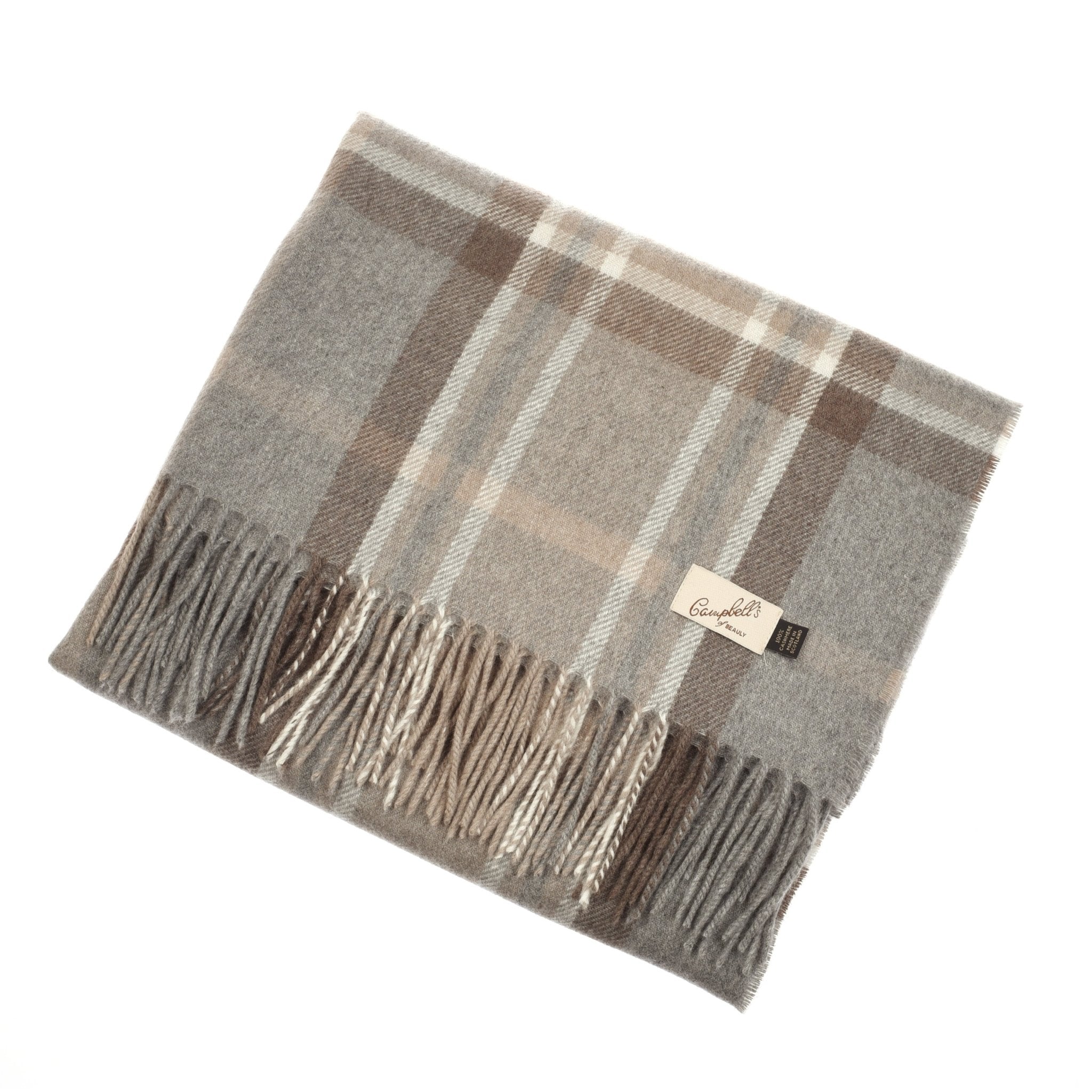 The Campbells of Beauly Cashmere Tartan Scarf is a soft, folded accessory with fringed ends and a gray, brown, and beige plaid pattern. A cream-colored label with text is sewn near one corner.