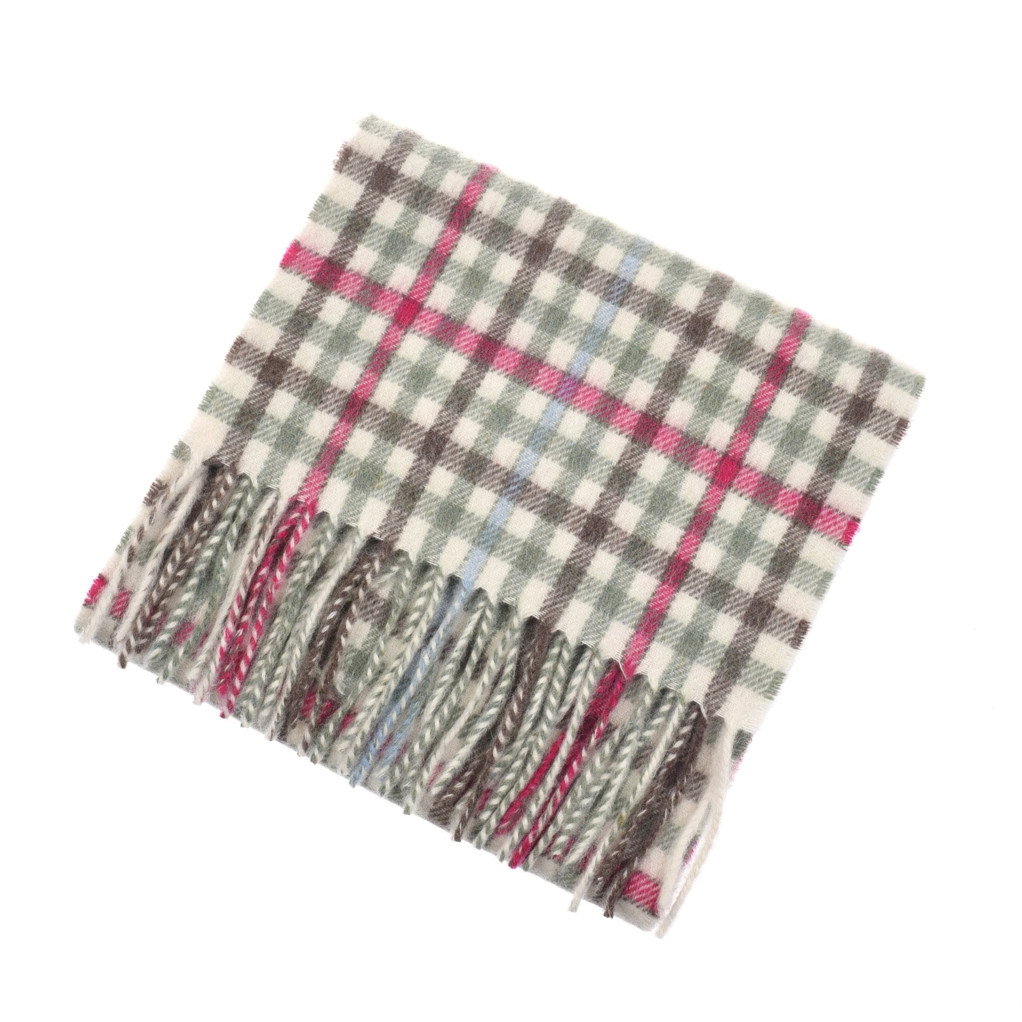 A small square Campbell's of Beauly Unisex Cashmere Scarf with green, red, and blue plaid and fringed edges is laid flat on a white background—a charming luxury accessory inspired by classic Scottish style.