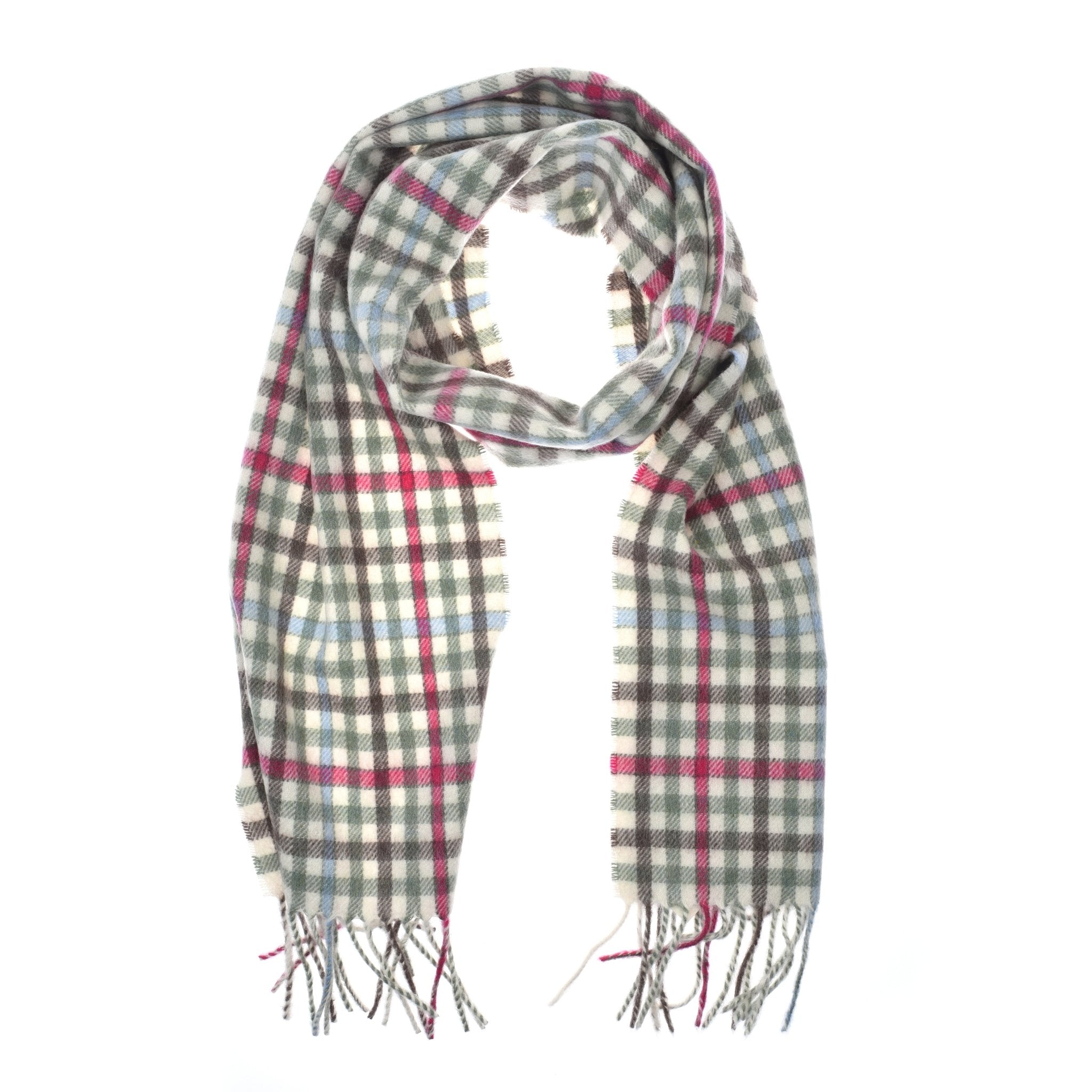 The Campbells of Beauly Cashmere Scarf, crafted in the Scottish Borders, features 100% cashmere with a plaid pattern in gray, white, black, red, and blue tones. Fringed ends complete its timeless look against a white background.