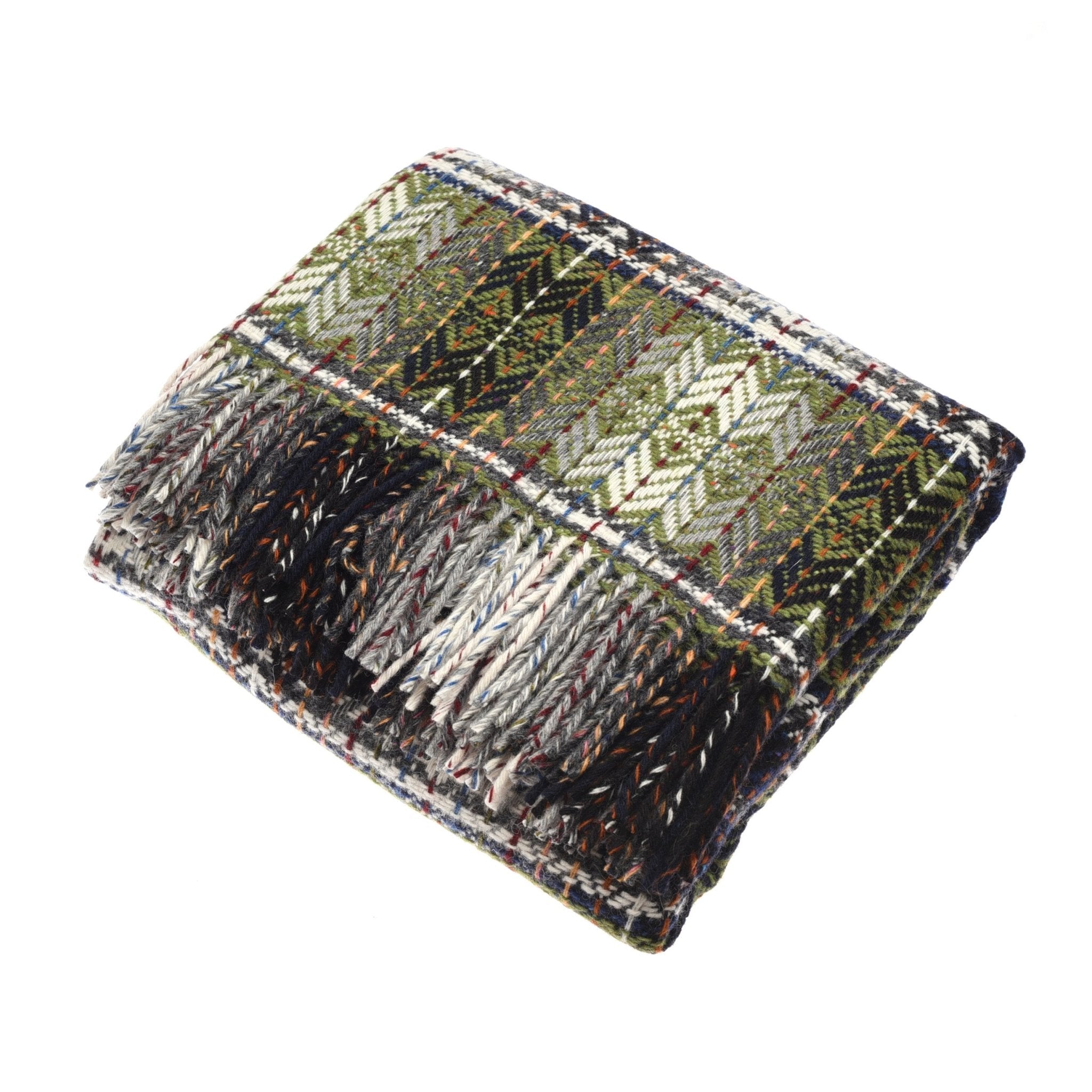 The Wyvis Lambswool Throw by Campbells of Beauly features a Moss Weave pattern in green, black, and cream shades, crafted from soft Donegal lambswool with flecked yarns and fringed edges.