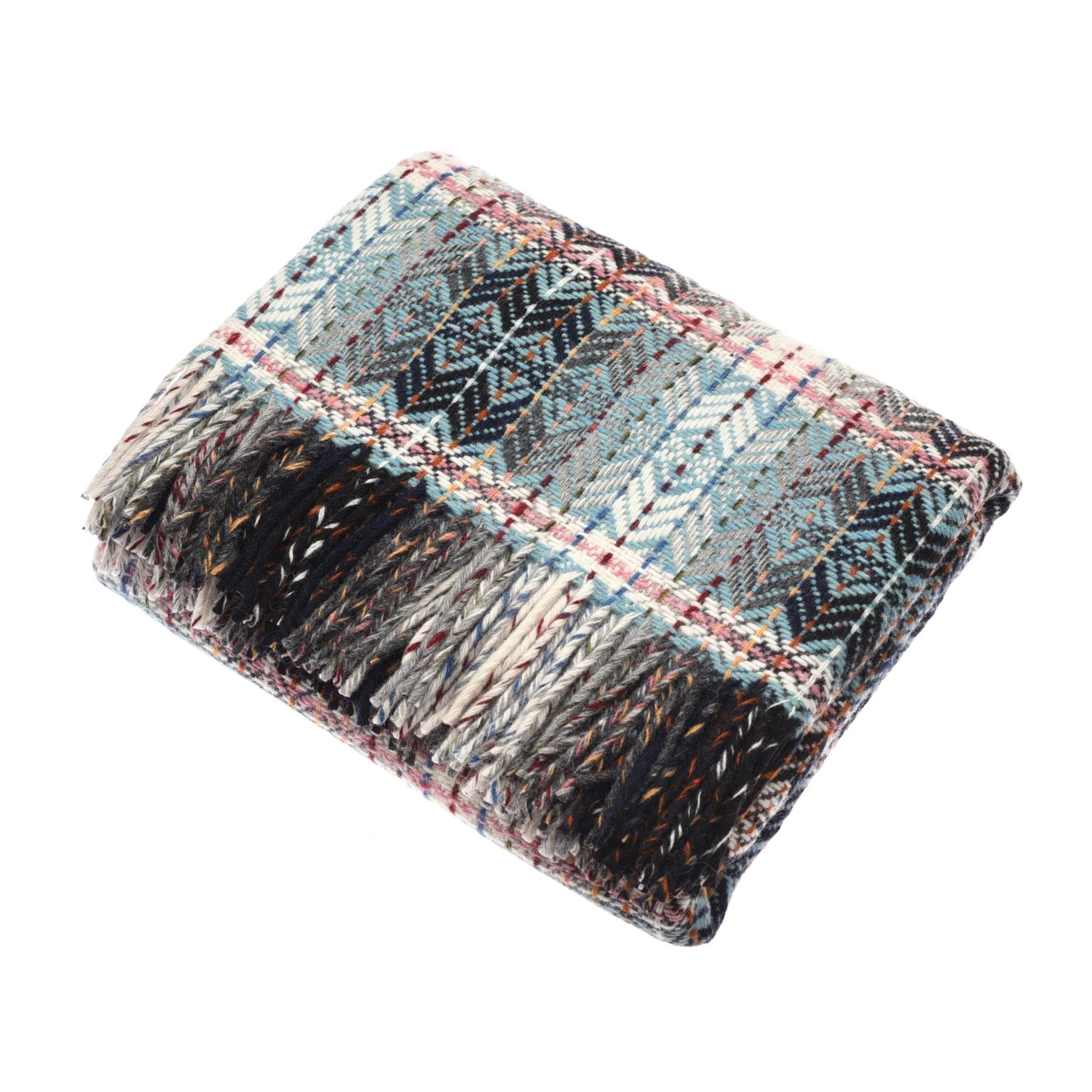 The Wyvis Lambswool Throw by Campbells of Beauly, shown in Celeste Weave, features a folded plaid pattern with fringed edges and flecked lambswool yarns in blue, gray, black, and red tones, set against a white background.
