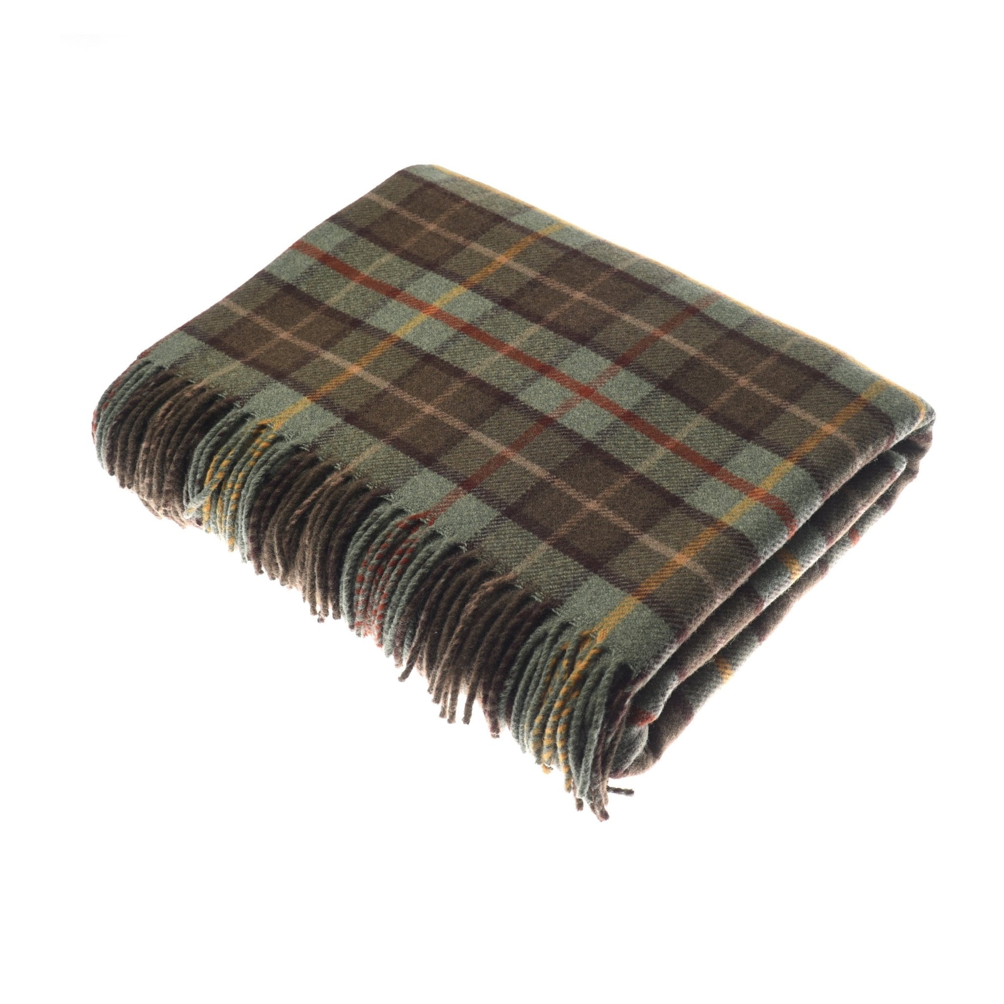 The Campbells of Beauly Lavender Throw in Hawthorn Check features a plaid pattern with fringed edges, shown folded on a white background—crafted in the Scottish Borders.