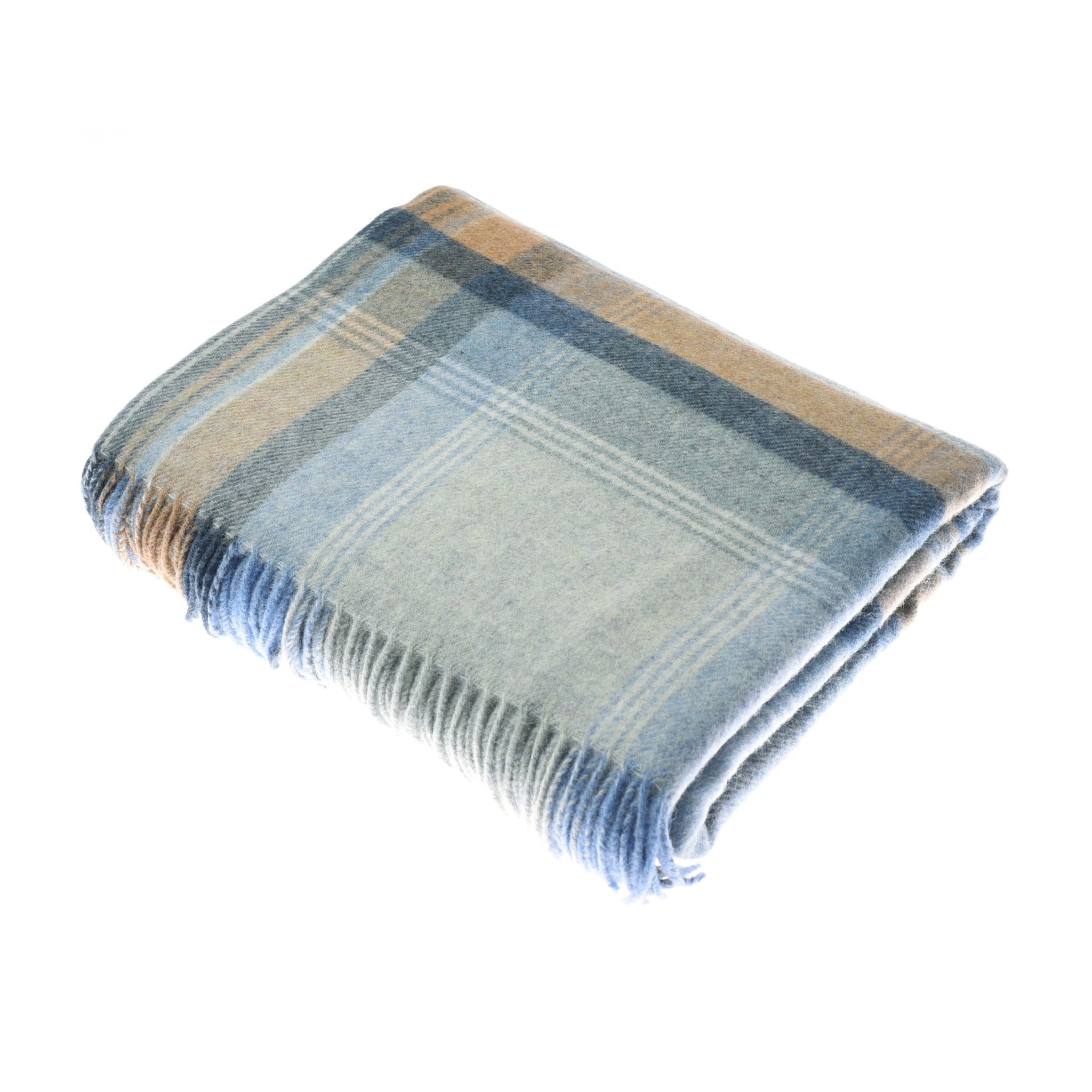 The Orrin Lambswool Throw by Campbells of Beauly features a blue, beige, and gray plaid with fringed edges. Soft and timeless, this Yorkshire-inspired blanket is shown folded on a white background.
