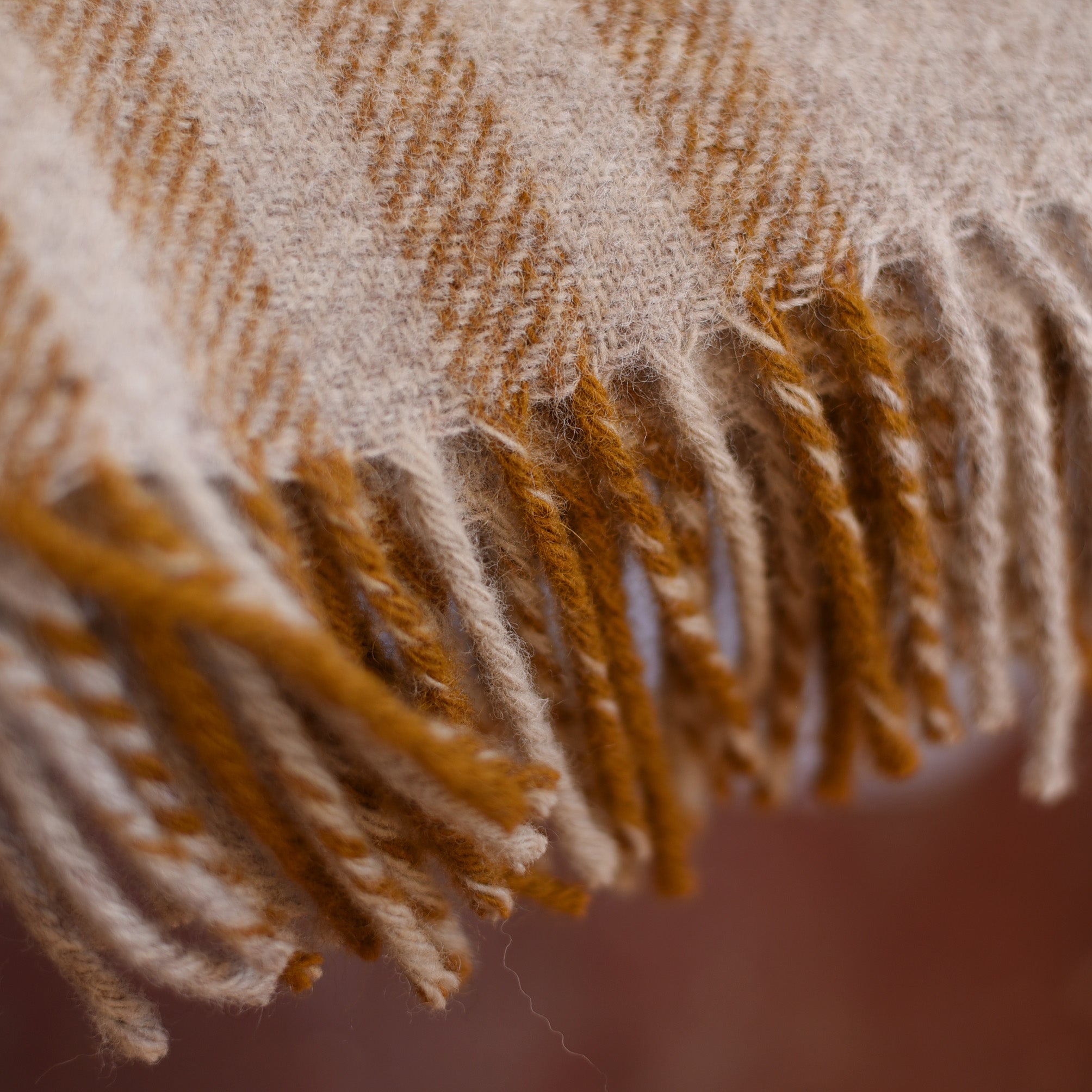 Close-up of the fringe on Campbells of Beauly Tarradale Lambswool Throw in beige and brown plaid, showcasing its soft fibers, woven British craftsmanship, and tasseled ends against a blurred reddish-brown background.