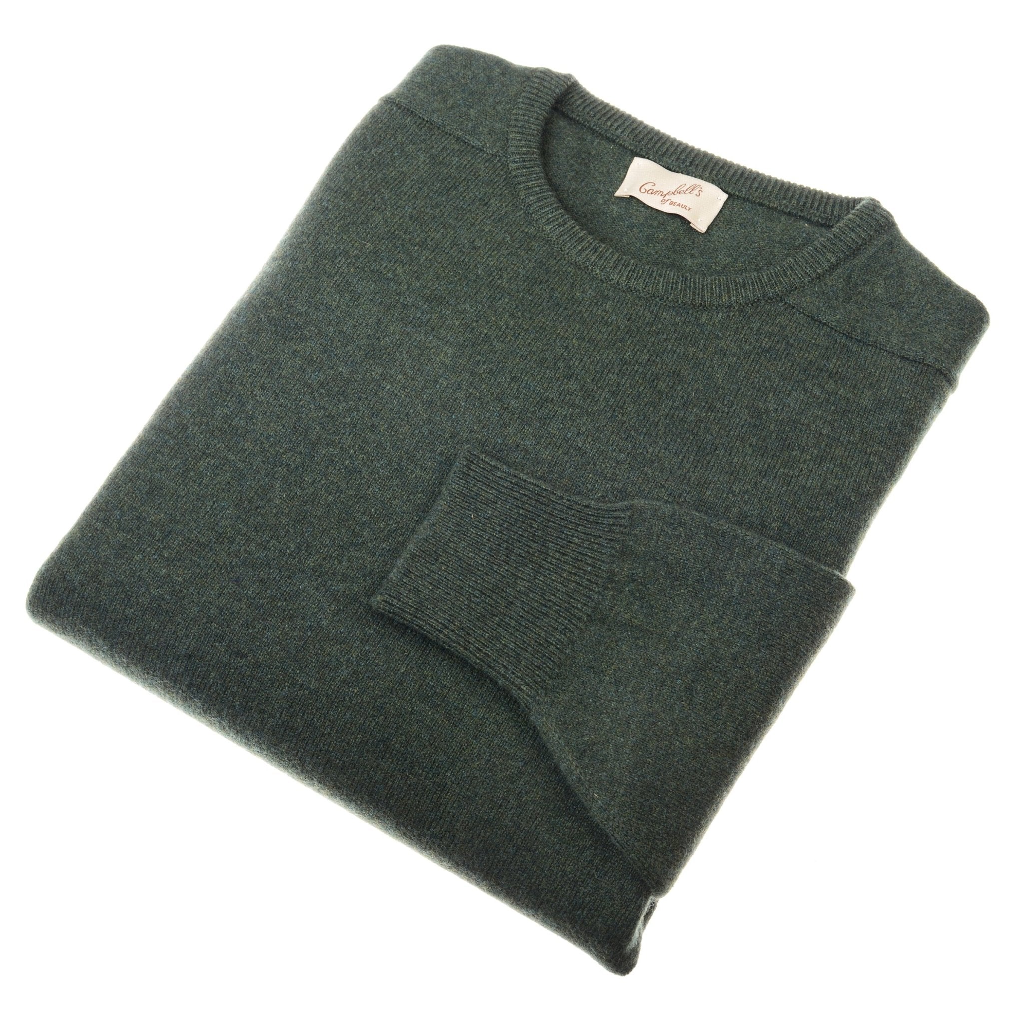 A neatly folded Rosemary Lambswool Crew Neck Jumper by Campbells of Beauly is shown from above, with one sleeve across the front. The soft fabric and visible brand label highlight classic Scottish Borders craftsmanship.