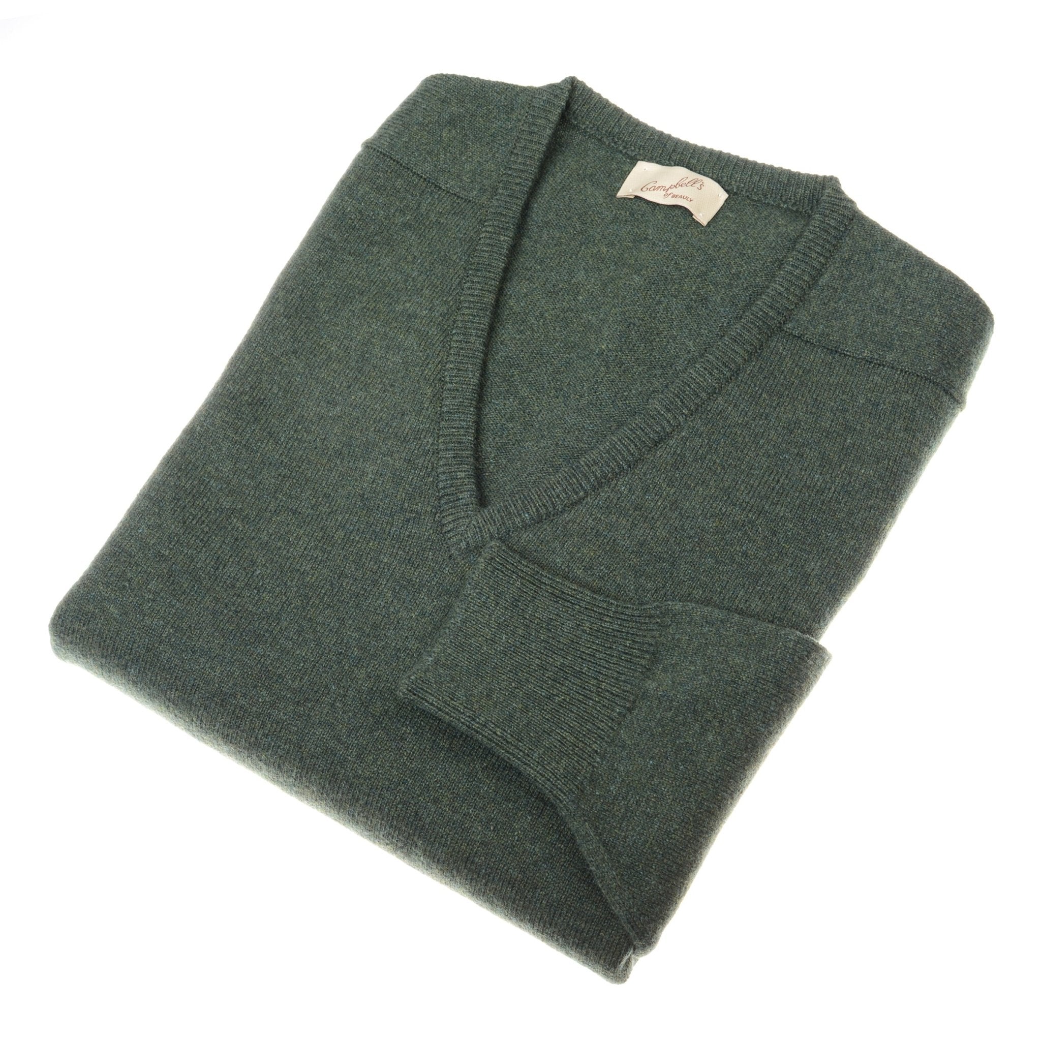 A green Lambswool V-Neck Jumper by Campbells of Beauly, classic fit with long sleeves, is folded neatly on a white background. A beige tag at the neckline highlights its Scottish craftsmanship.