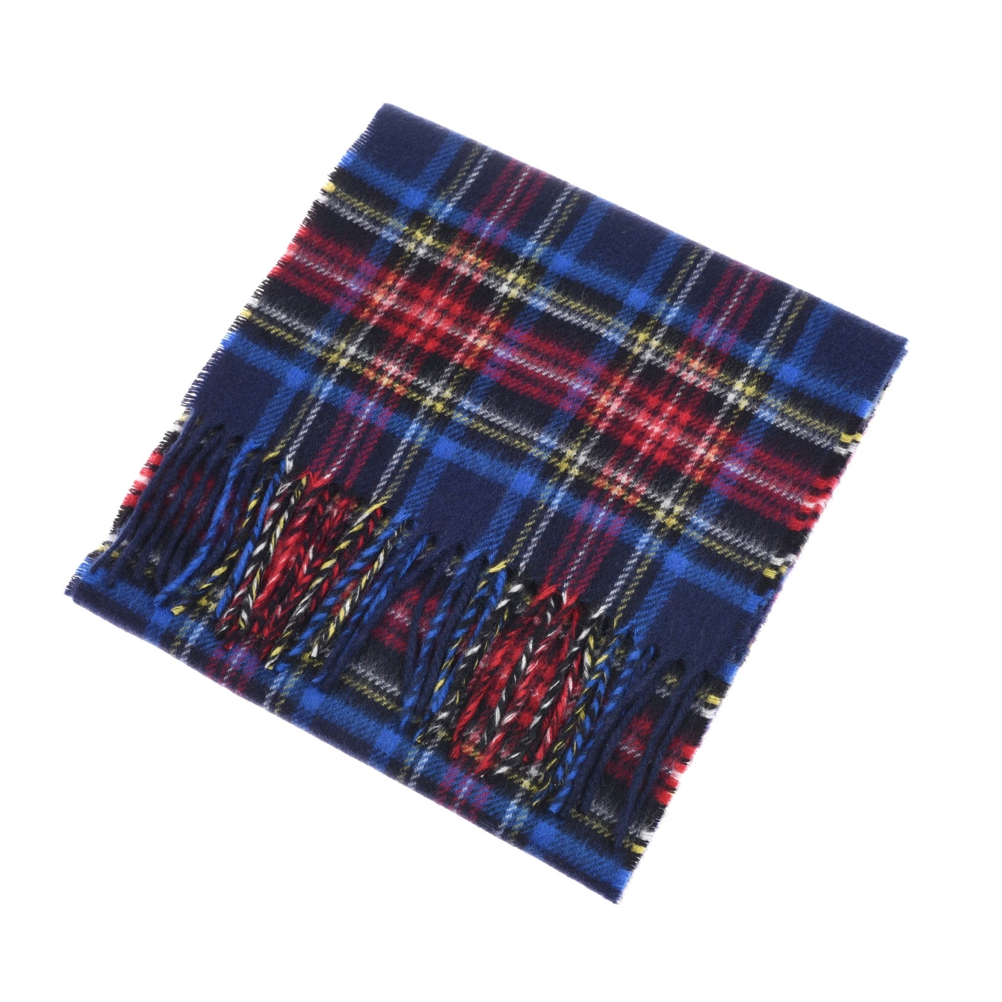 Campbells of Beauly Cashmere Tartan Scarf: a folded, fringed-edge cashmere scarf in blue, red, black, and yellow tartan inspired by traditional Scottish designs.