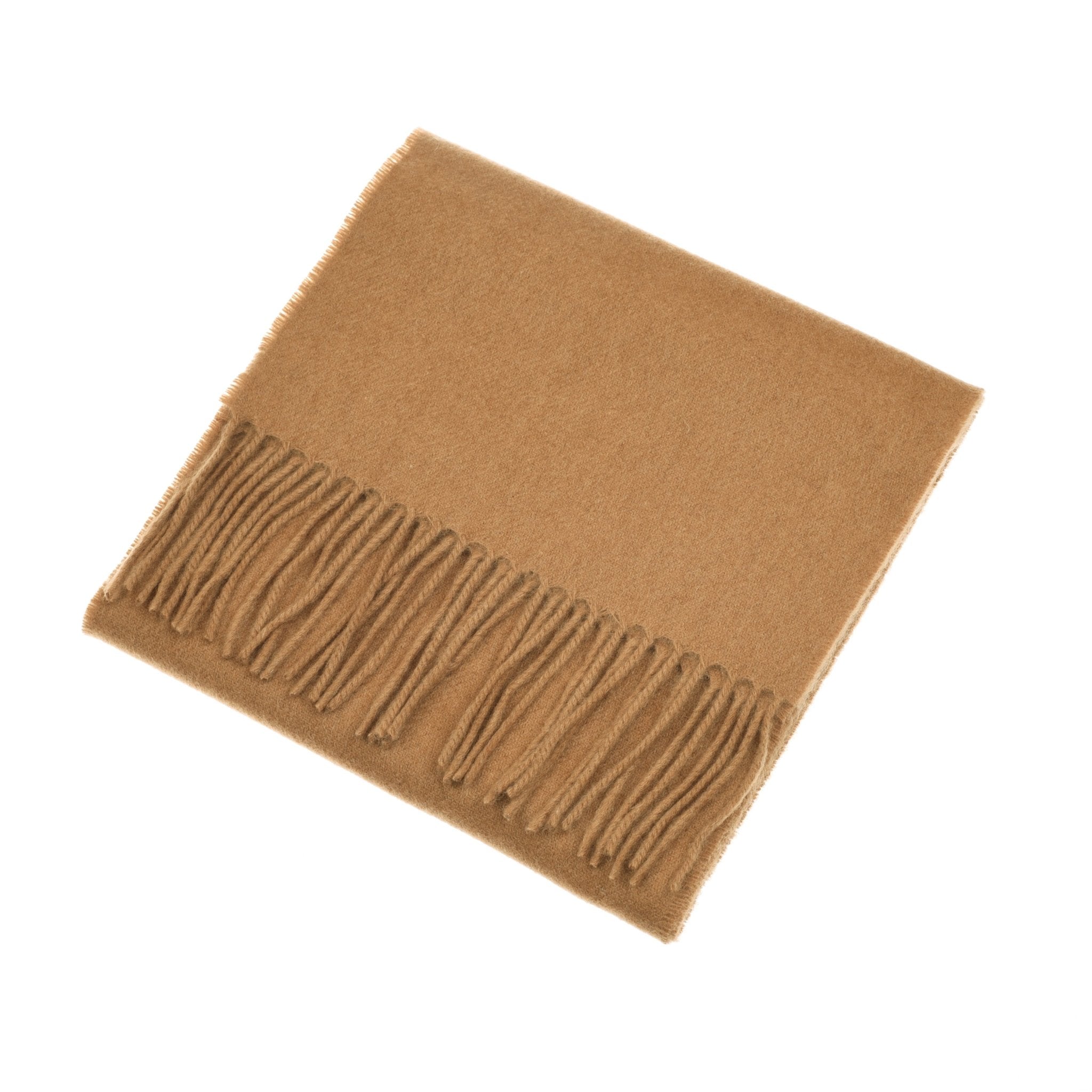 The Unisex Cashmere Scarf by Campbell's of Beauly is a camel-hued Scottish accessory with fringe on one edge, elegantly folded on a white background—perfect for adding luxury to any wardrobe.