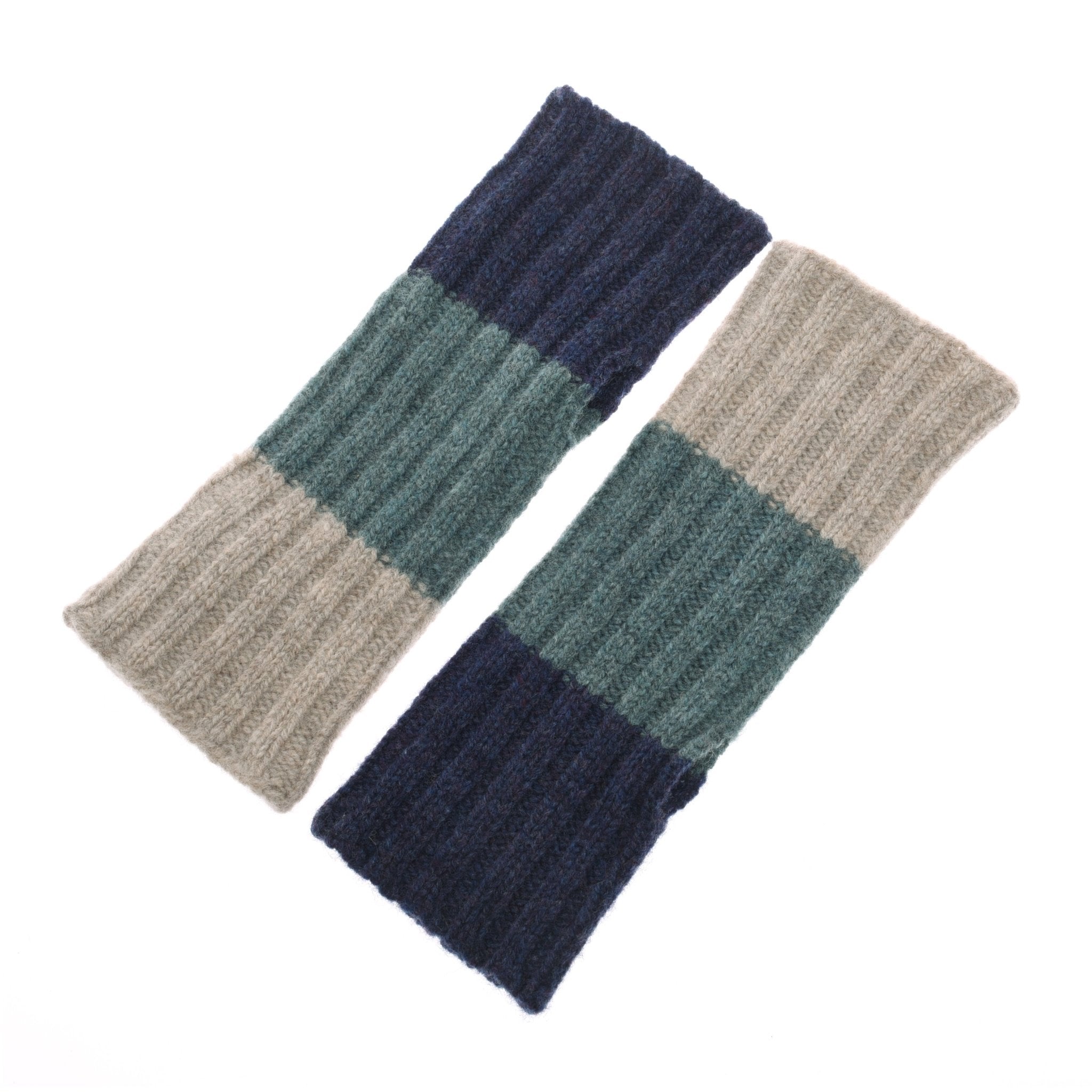 Campbells of Beauly Stripe Wristwarmers in navy: a pair of ribbed, knitted lambswool wristwarmers with beige, teal, and navy horizontal stripes. Crafted in the Scottish Borders.