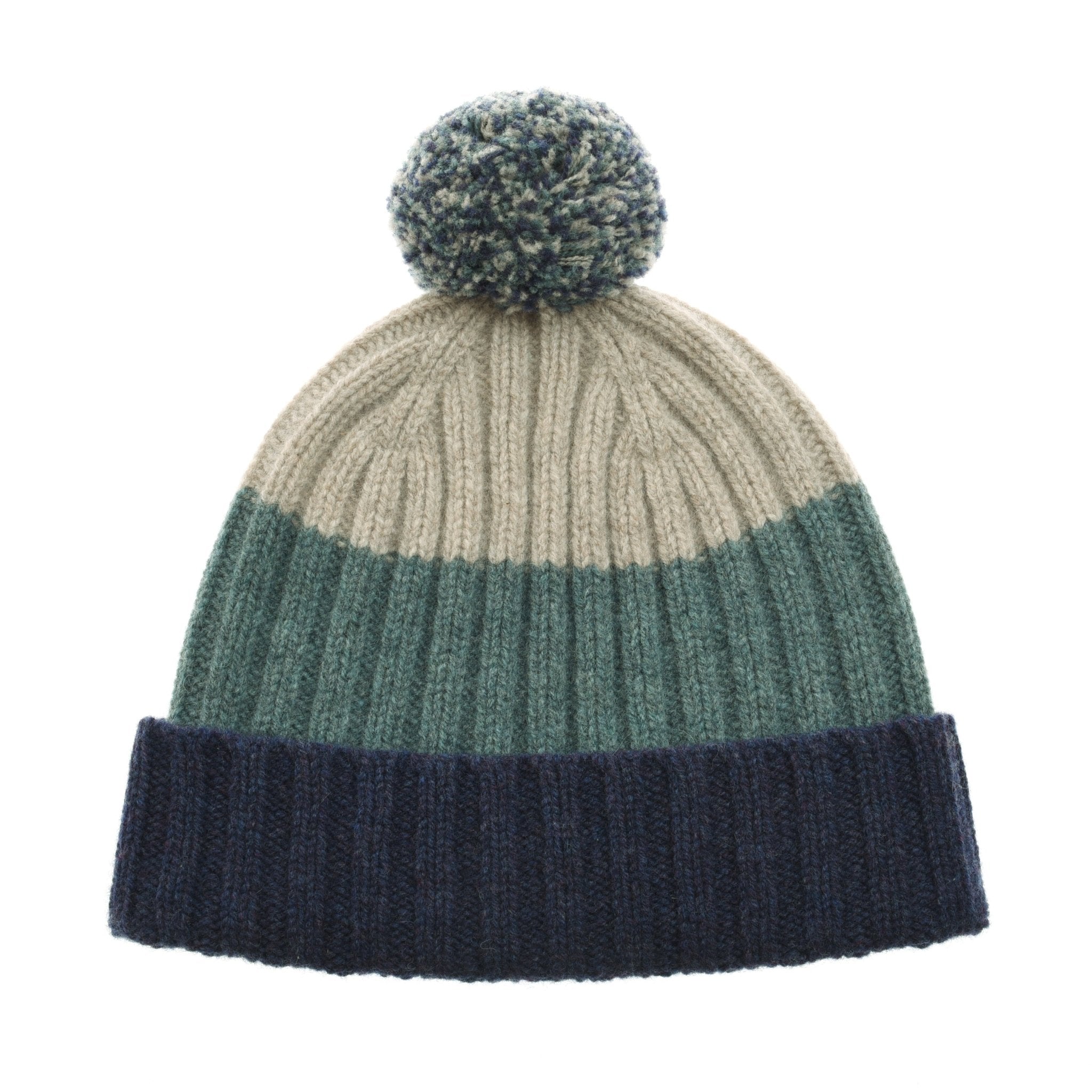 Campbells of Beauly Lambswool Stripe Hat with Pom-Pom in navy features a ribbed texture, striped design, and playful multicolored pom-pom—drawing inspiration from heritage knits of the Scottish Borders.