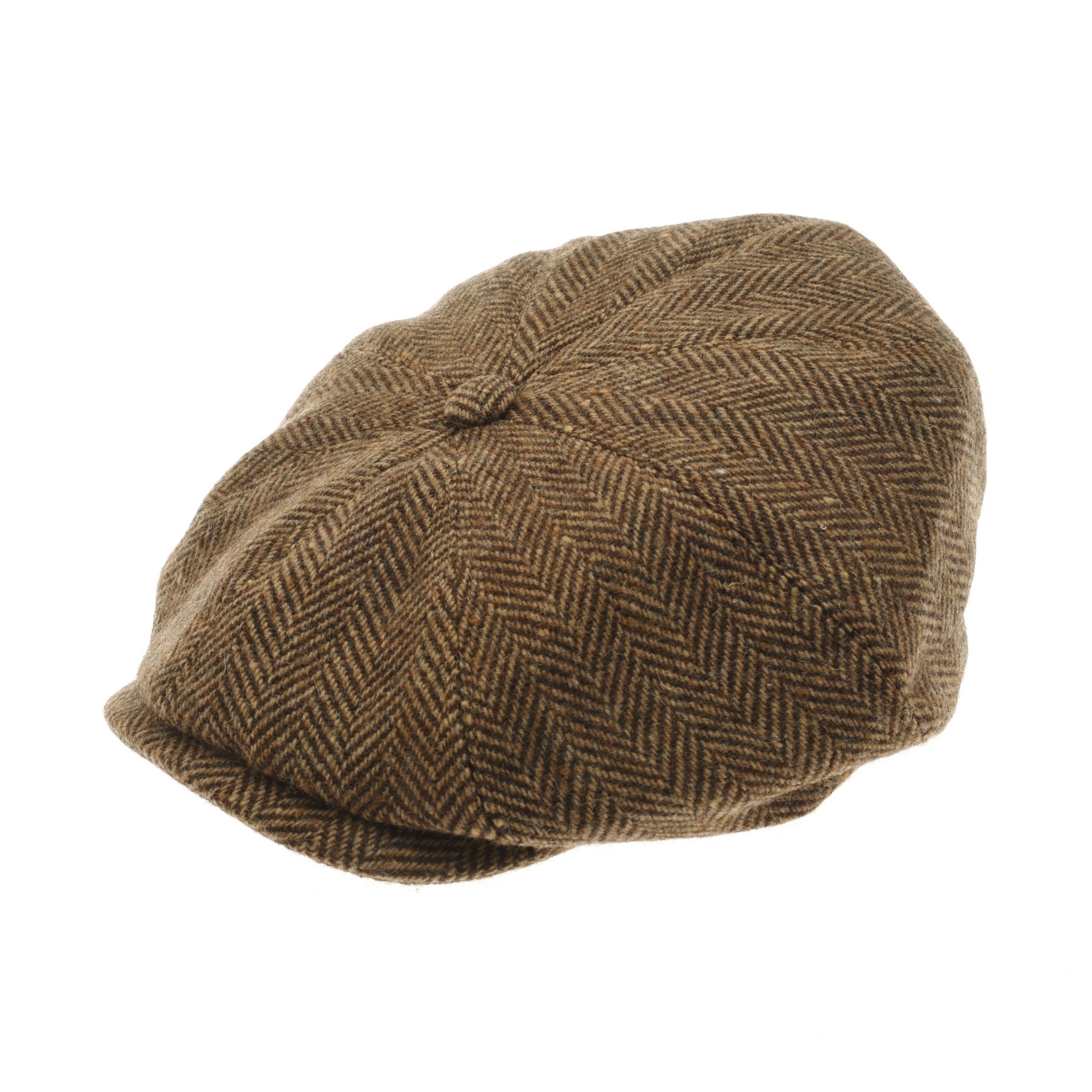 The Farrar Cap by Campbells of Beauly features a brown herringbone pattern and classic rounded shape, inspired by traditional 8-piece caps, shown against a white background.