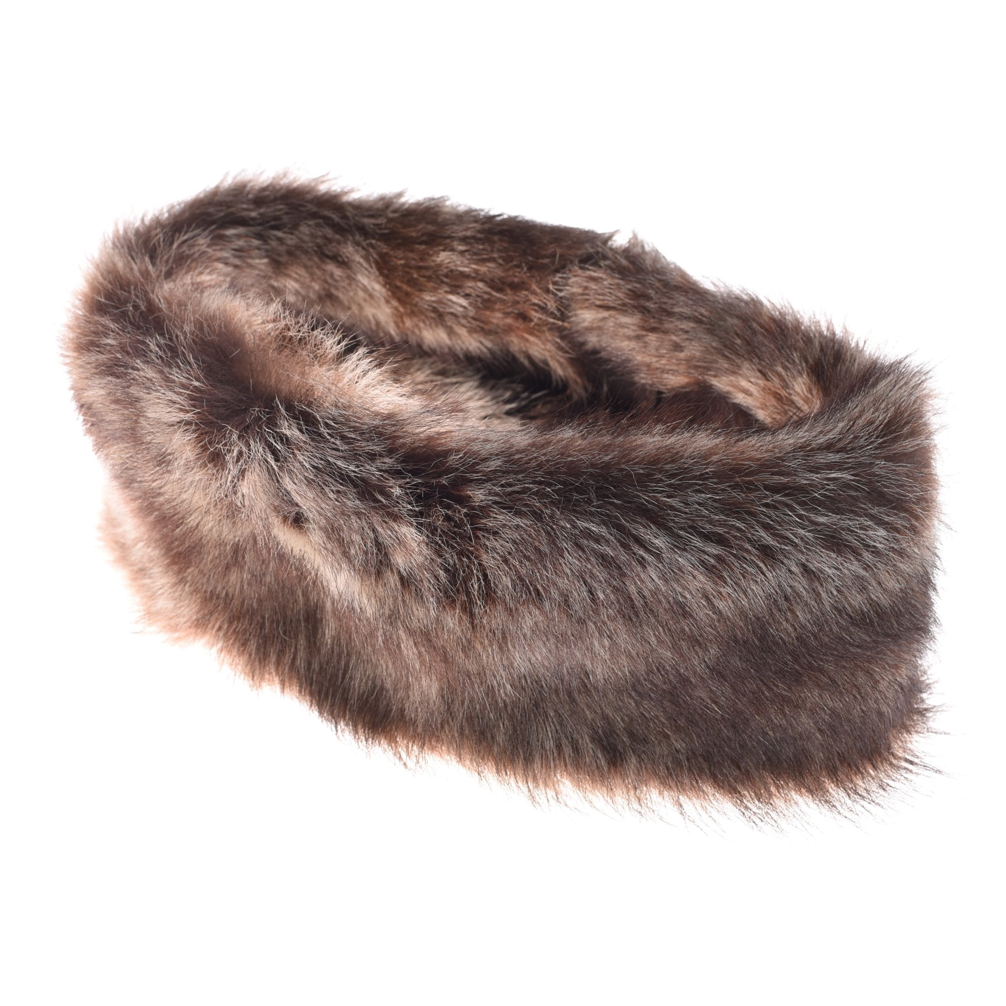 A Dark Brown Sheepskin Headband by Campbells of Beauly, handmade in Suffolk with soft, thick fur, shown on a white background.