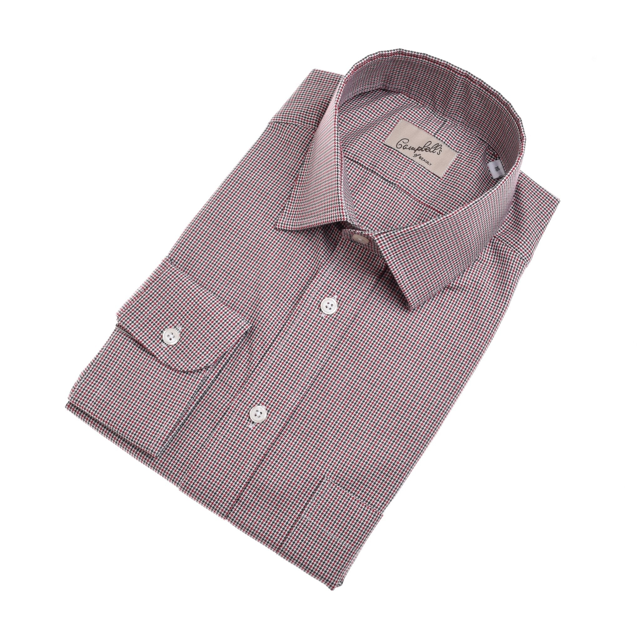 Campbells of Beauly Grouse Shirt: a classic fit, long-sleeve red and white check brushed cotton button-up, featuring a front pocket and white buttons, neatly folded and displayed on a white background.