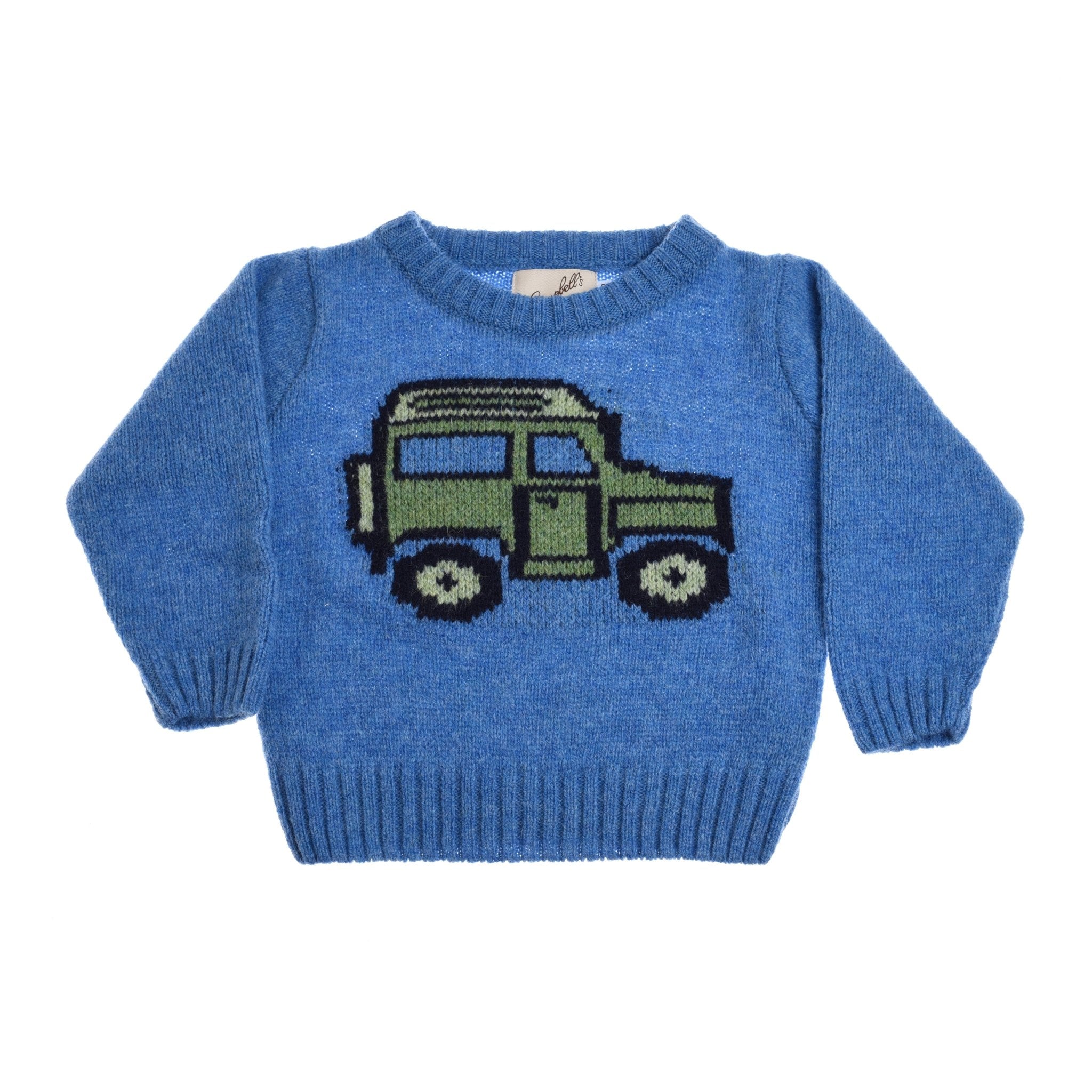 The Mini Land Rover Defender Jumper by Campbells of Beauly is a Blue Lovat childrens sweater featuring a green and black car on the front—ideal for young fans of classic British motoring style.
