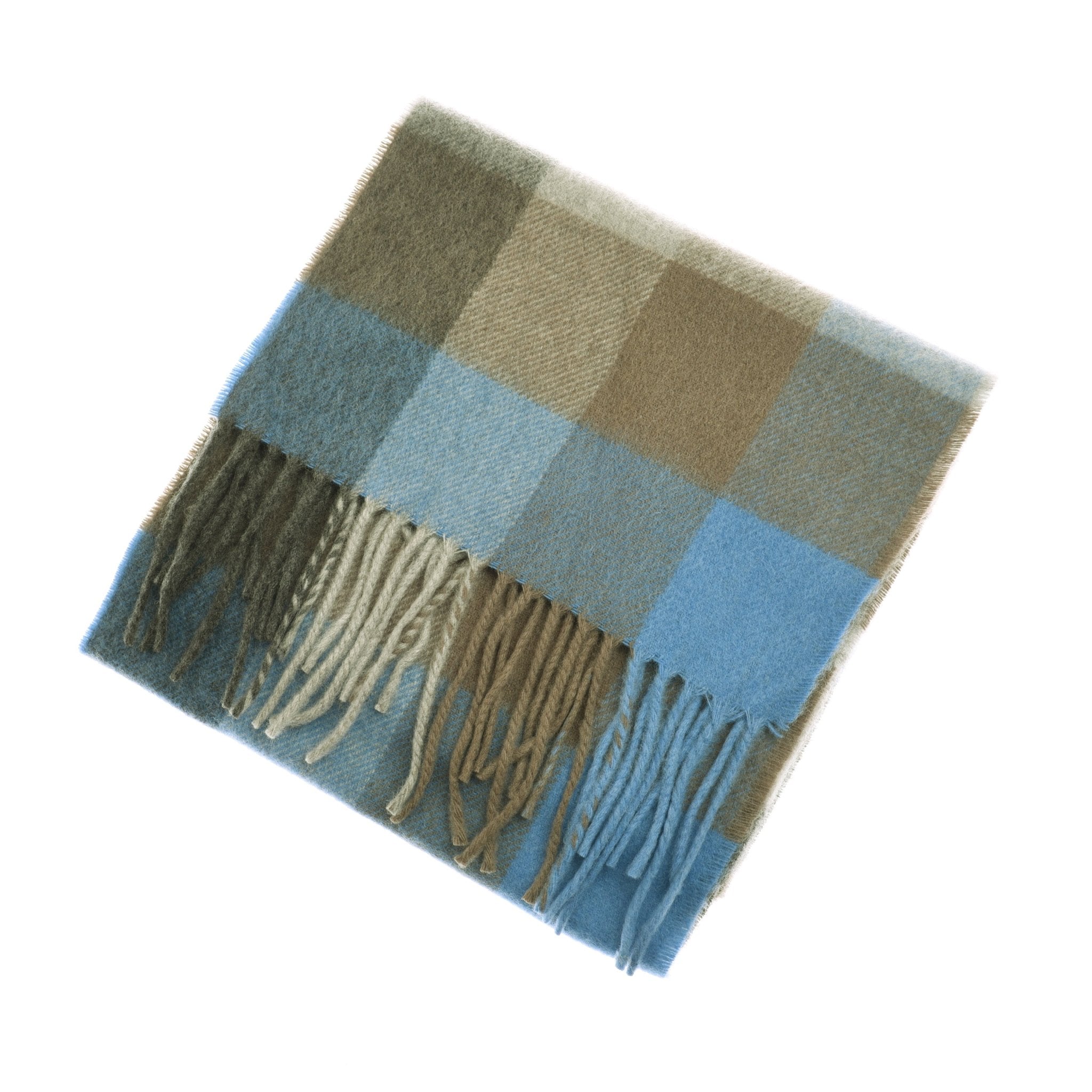 Campbells of Beauly Cashmere Scarf in Azure Check: 100% cashmere plaid with fringe, featuring large blue, beige, and olive checkered blocks inspired by Scottish Borders style, displayed on a white background.