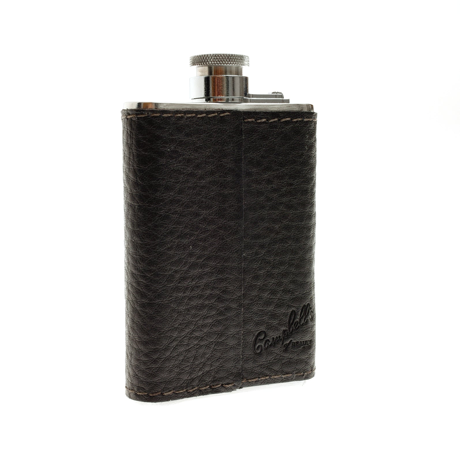 A Campbells of Beauly Hip Flask with a screw-on cap, wrapped in premium leather featuring visible stitching, shown against a white background.
