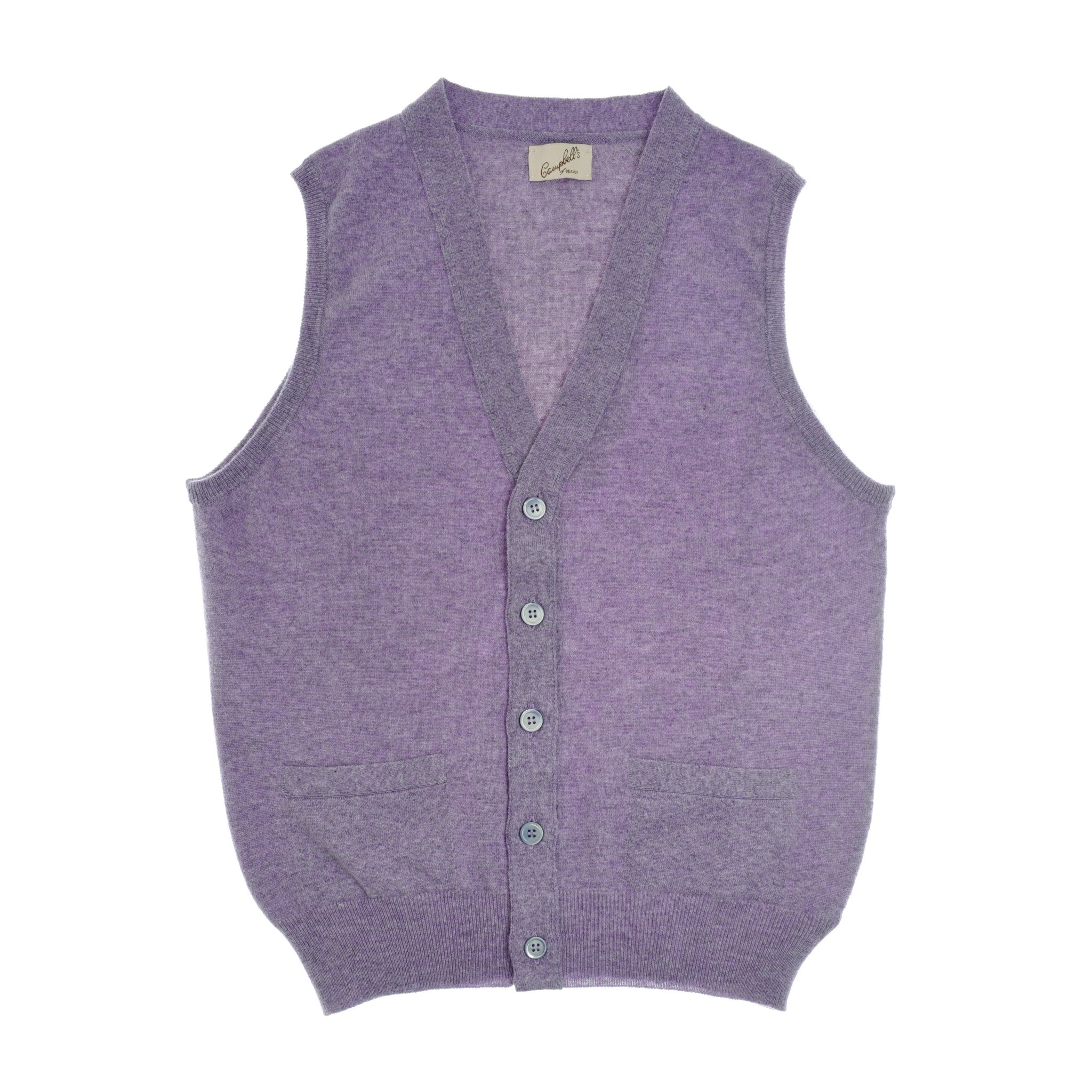 The Campbells of Beauly Geelong Lambswool Button Waistcoat in Ametista features a sleeveless V-neck design with five buttons and two front pockets—an elegant piece for any country wardrobe, shown laid flat on a white background.