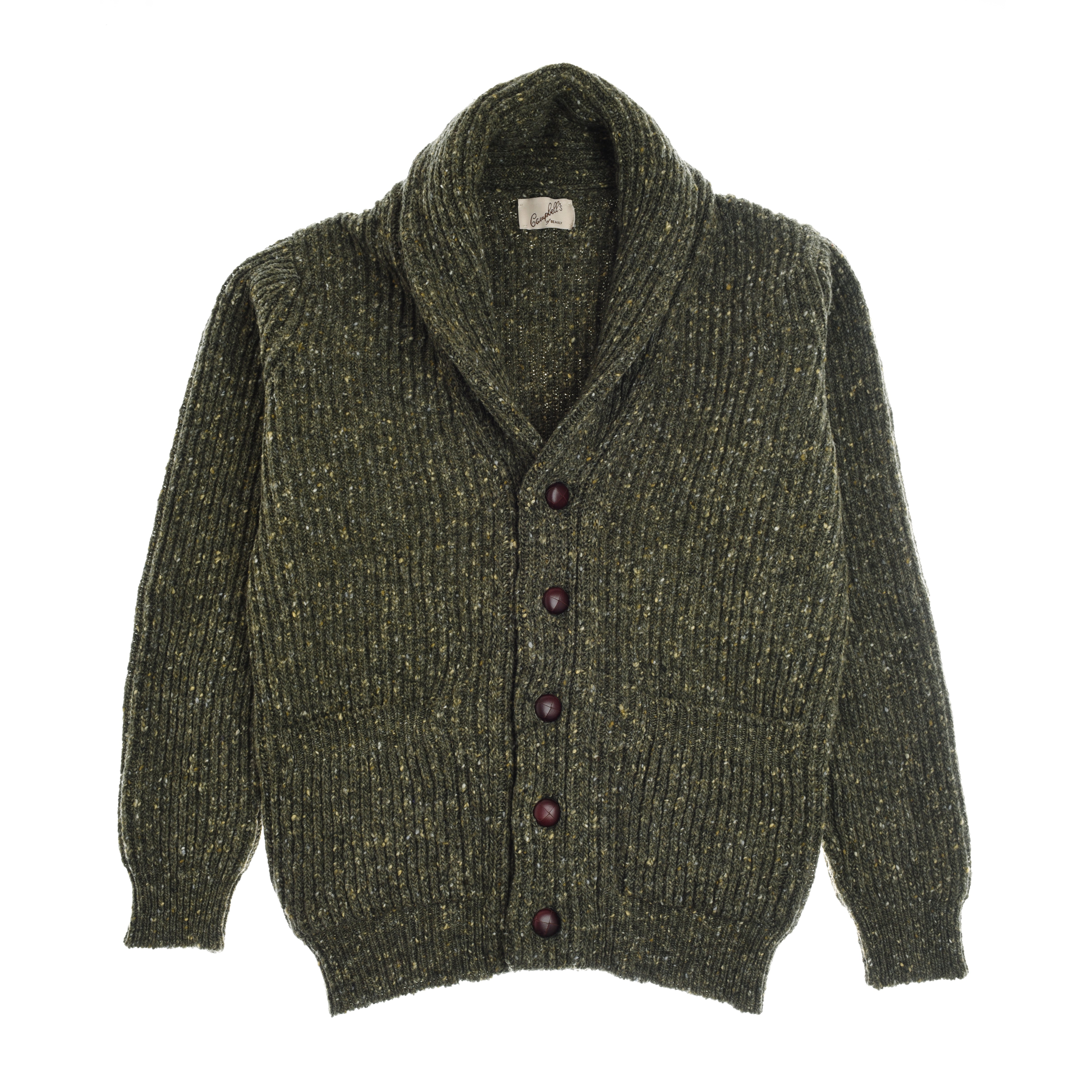 The Campbells of Beauly Donegal Lambswool Shawl Collar Cardigan features an olive green, ribbed texture, dark brown leather buttons, long sleeves, and two front pockets—all shown flat on a white background.