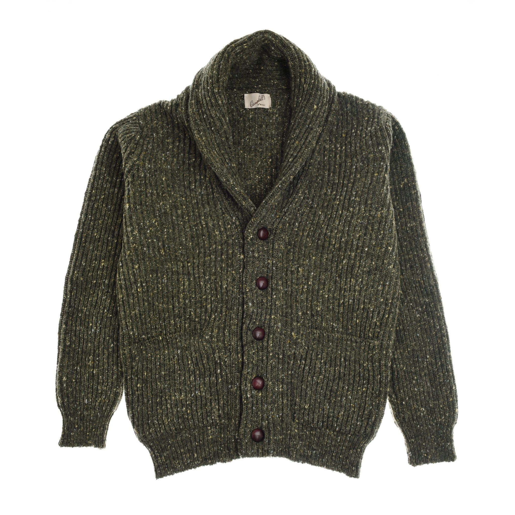 The Campbells of Beauly Donegal Lambswool Shawl Collar Cardigan in Moss features a ribbed texture, five leather front buttons, long sleeves, and two front pockets.
