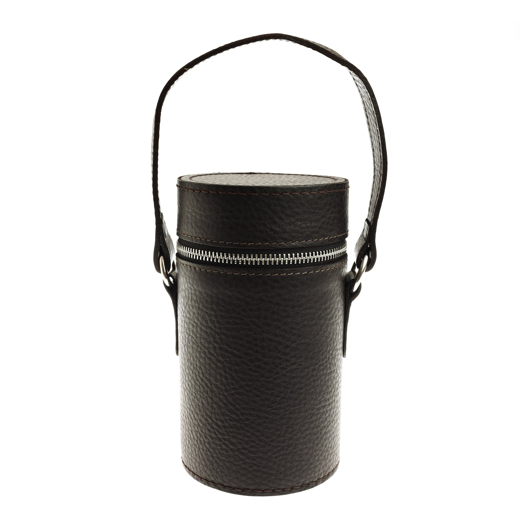 The Campbells of Beauly Triple Flask Set features a cylindrical, black textured leather case with a zip top and matching handle—ideal for outdoor enthusiasts. The case stands upright against a white background.