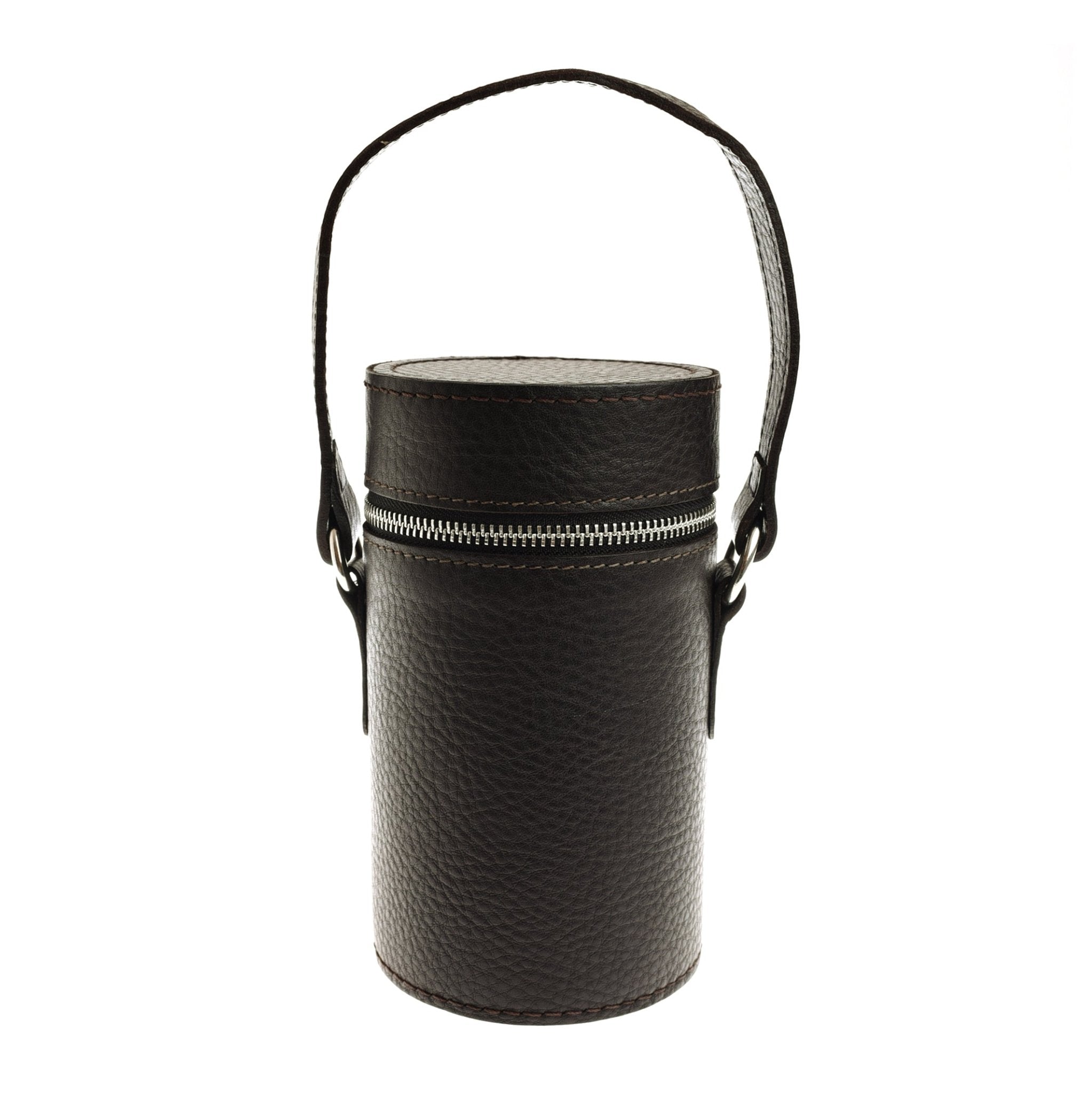 The Campbells of Beauly Triple Flask Set comes in a cylindrical black leather case with a textured surface, top zipper, and single handle. This upright case is ideal for outdoor enthusiasts.