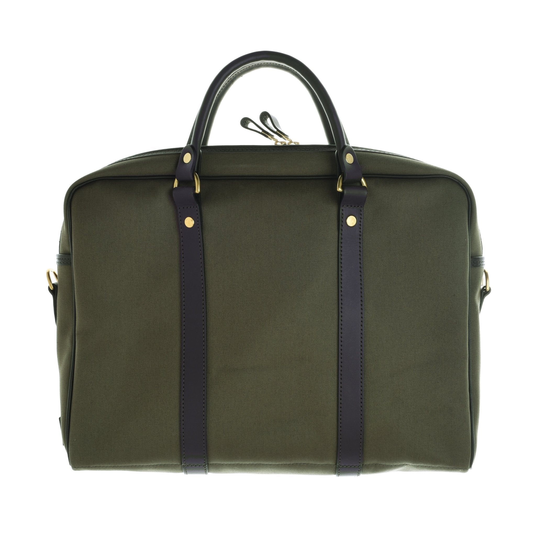 The Campbells of Beauly Laptop Bag features a khaki canvas body, black leather handles and trim, gold hardware, zipper closure, padded lining, two front vertical leather straps, structured shape, and a removable shoulder sling.
