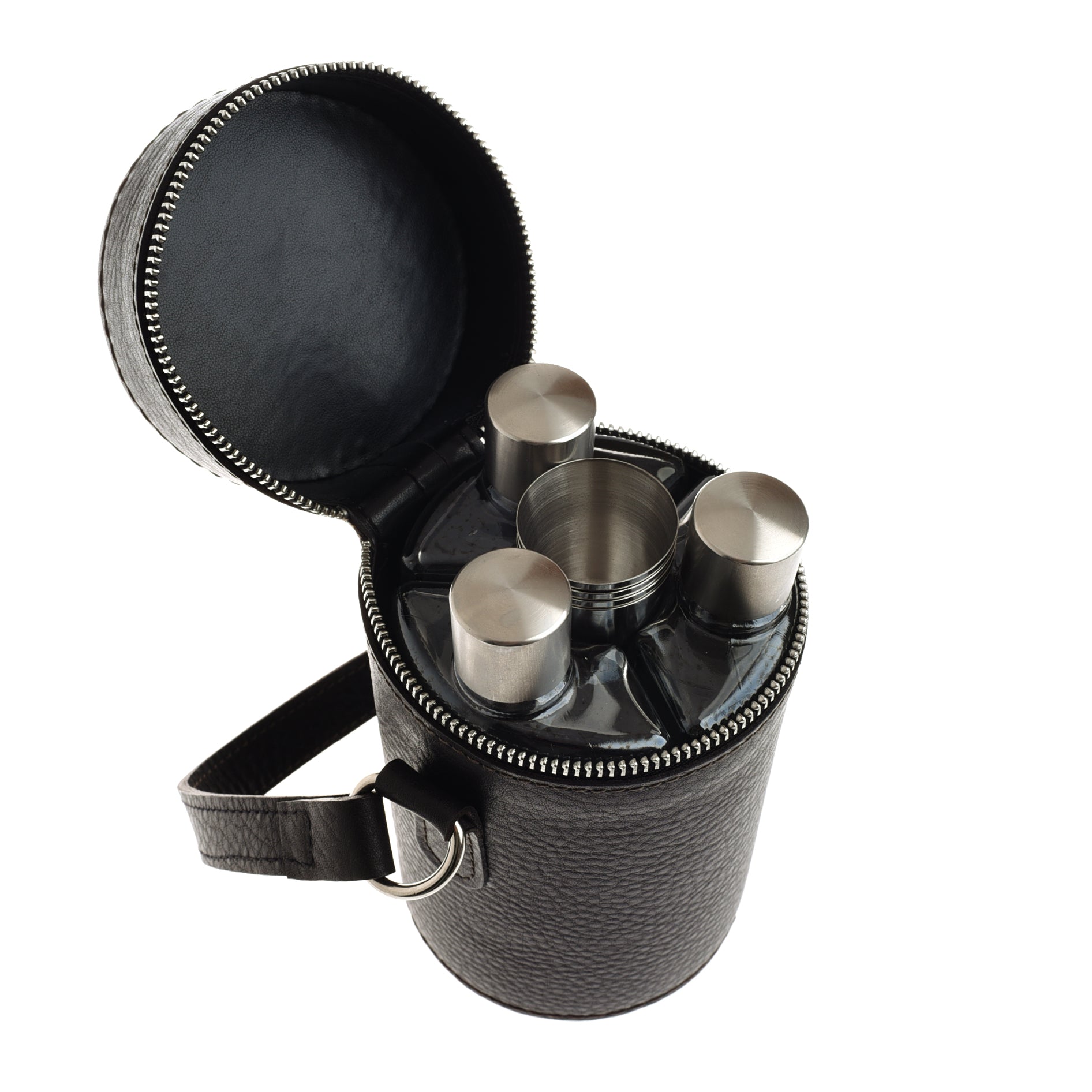 The Campbell’s of Beauly Triple Flask Set features a black leather zippered case with handle, opening to reveal three stainless steel flasks with screw-on caps—ideal for outdoor enthusiasts and country pursuits.