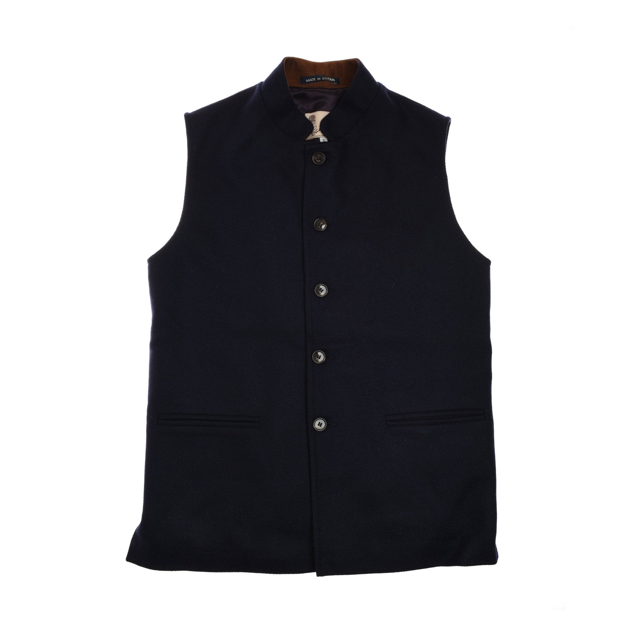 The Campbells of Beauly Tweed Nehru Gilet in navy is a sleeveless layering piece with a mandarin collar and two front slit pockets, crafted from classic British tweed.