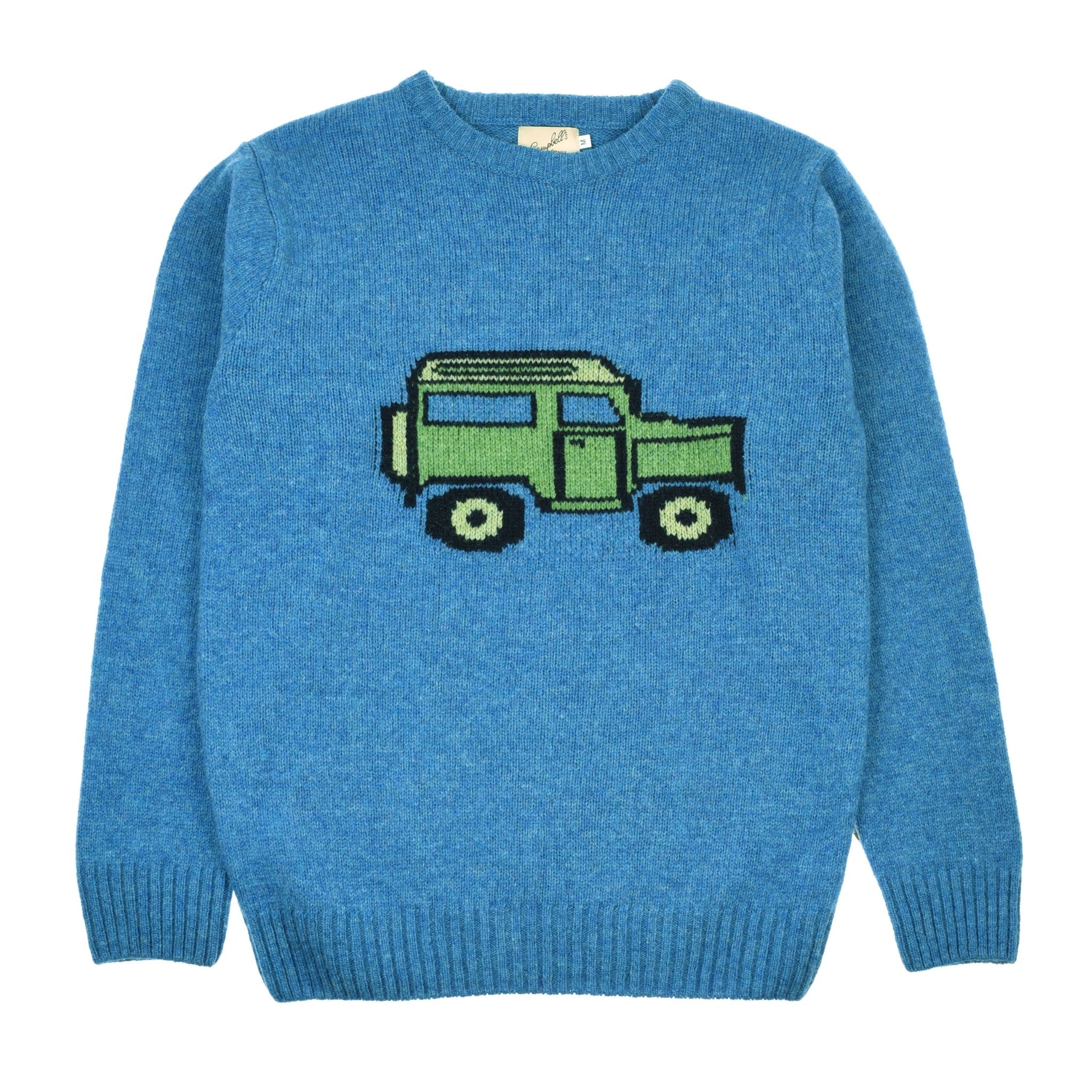 The Campbells of Beauly Land Rover Defender Jumper in Blue Lovat features a green and black Defender graphic on the front, ribbed cuffs, hem, and collar—a classic piece inspired by British motoring heritage.
