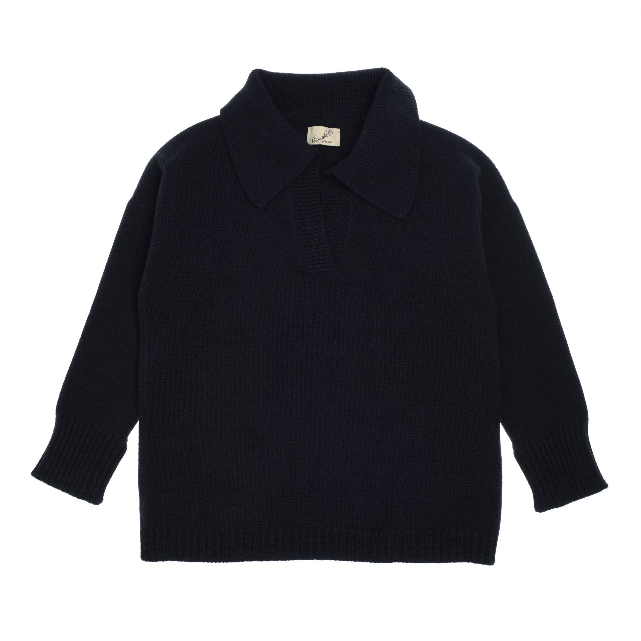 The Campbells of Beauly Cashmere Shirt Jumper in navy features long sleeves, ribbed cuffs and hem, a wide collar, and a short placket. Crafted from luxurious cashmere yarn and inspired by classic Scottish Borders style. Laid flat on white background.
