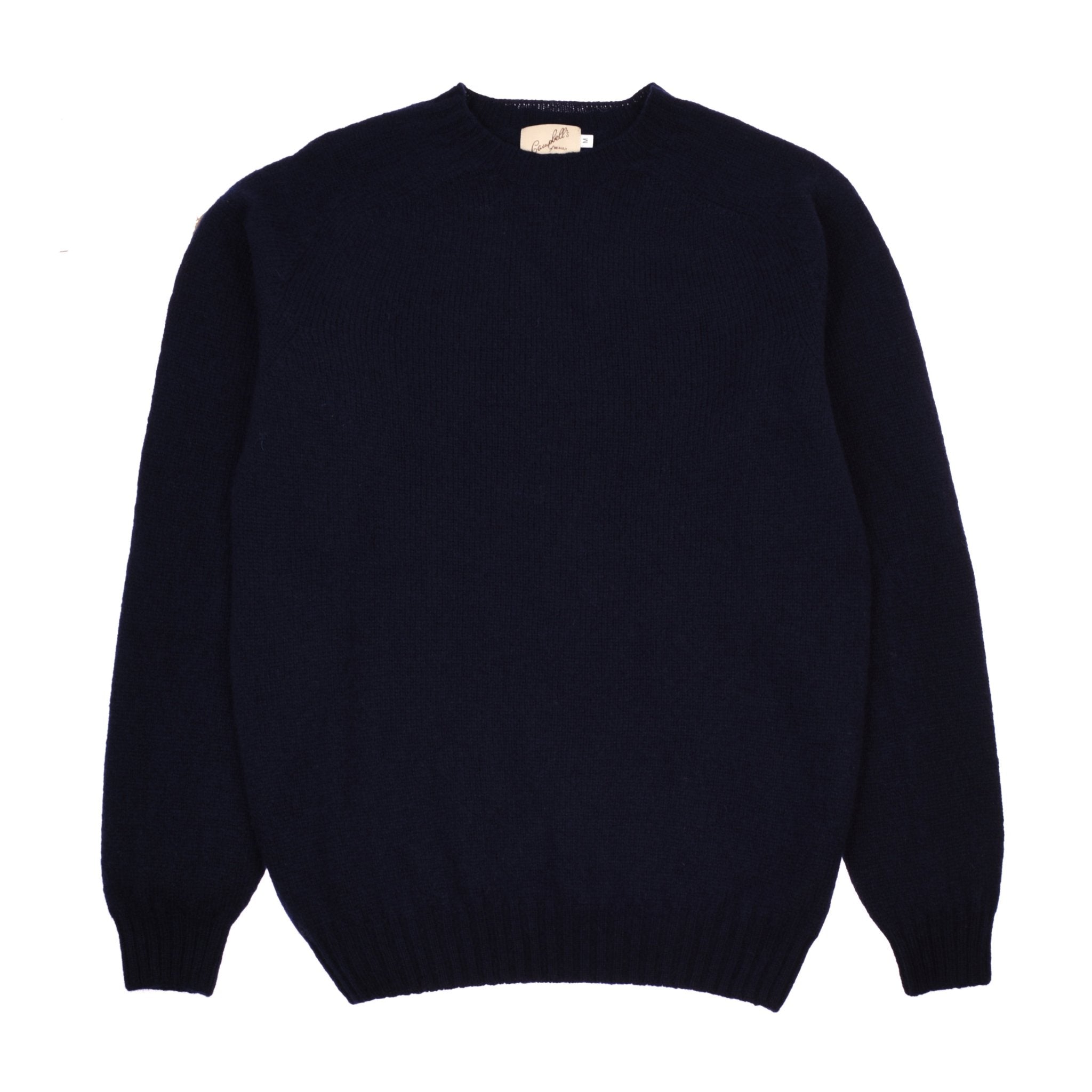 The Campbells of Beauly Shetland Jumper is a plain, long-sleeved, navy blue crew neck made from soft lambswool yarns, shown laid flat on a white background.