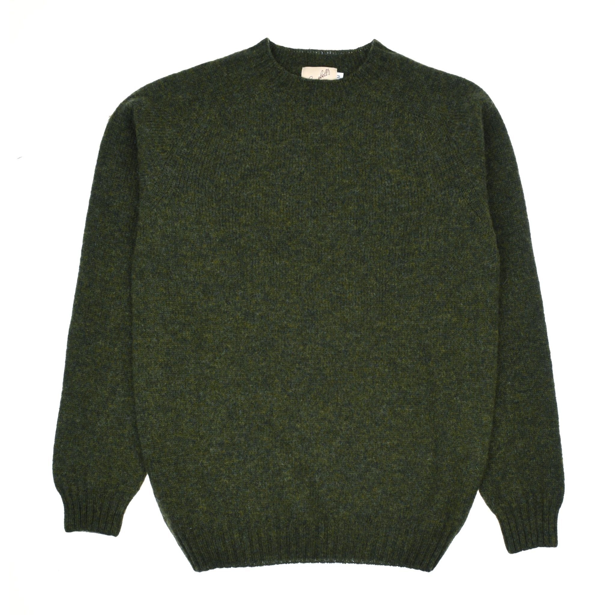 The Shetland Jumper by Campbells of Beauly is a plain, dark green lambswool sweater with long sleeves and ribbed cuffs, hem, and neckline, shown flat on a white background.