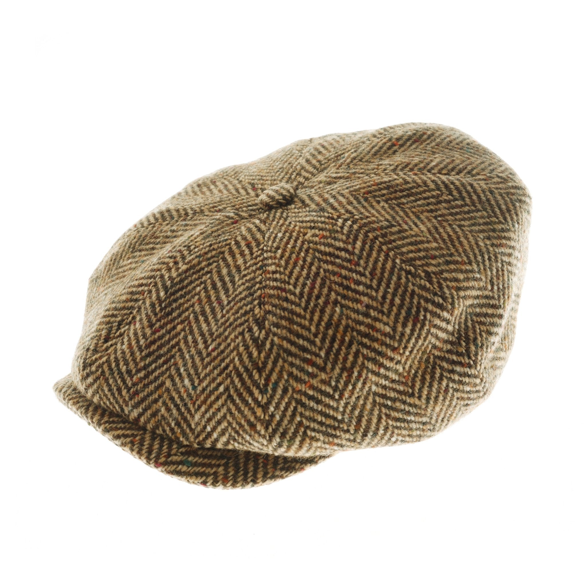 The Farrar Cap by Campbells of Beauly features a natural herringbone pattern in British tweed, styled as a traditional 8-piece cap with a button on top, shown on a white background.