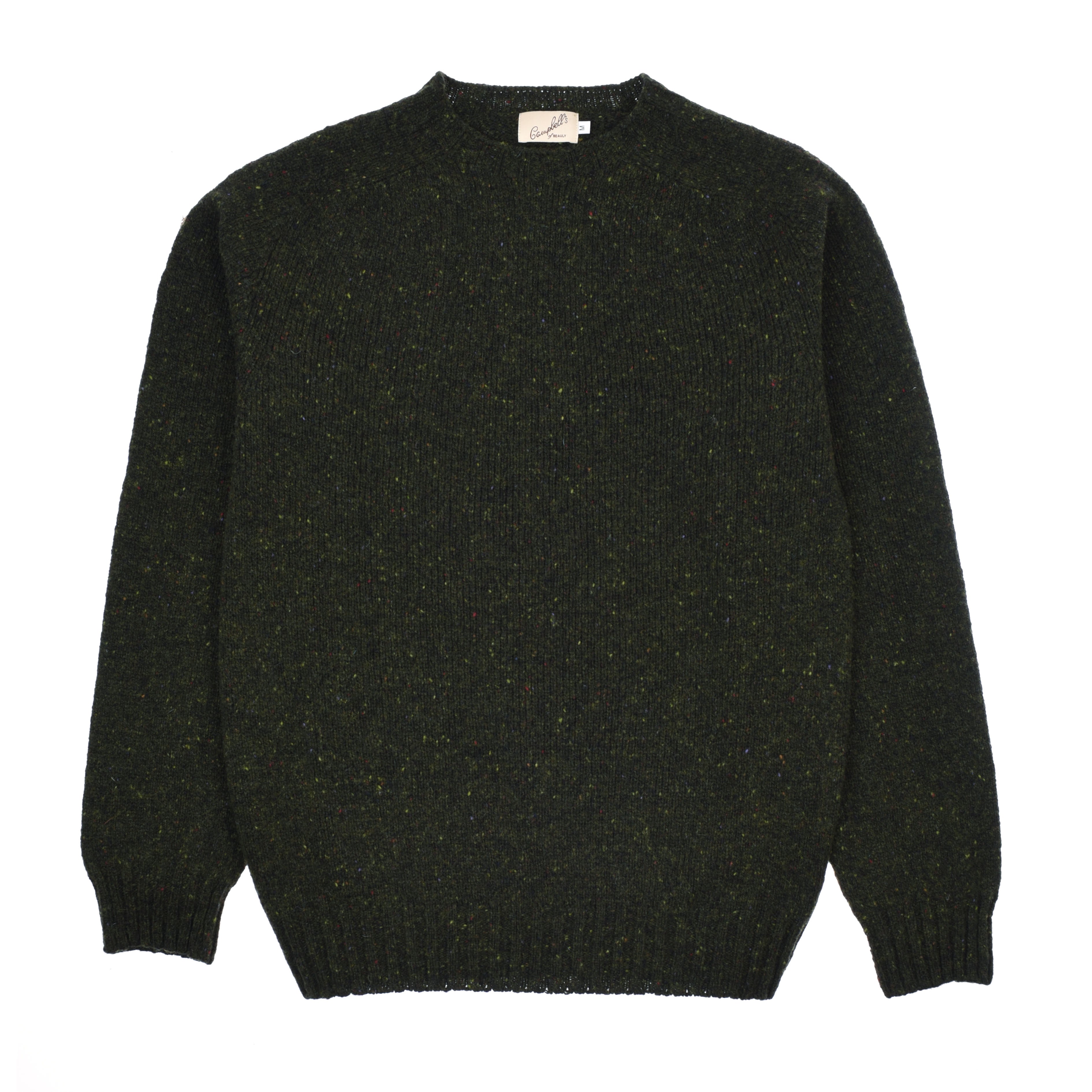 The Campbells of Beauly Donegal Lambswool Crew Neck Jumper features long sleeves, ribbed trims, and a flecked dark green texture with subtle speckles, shown laid flat on a white background for a timeless look.