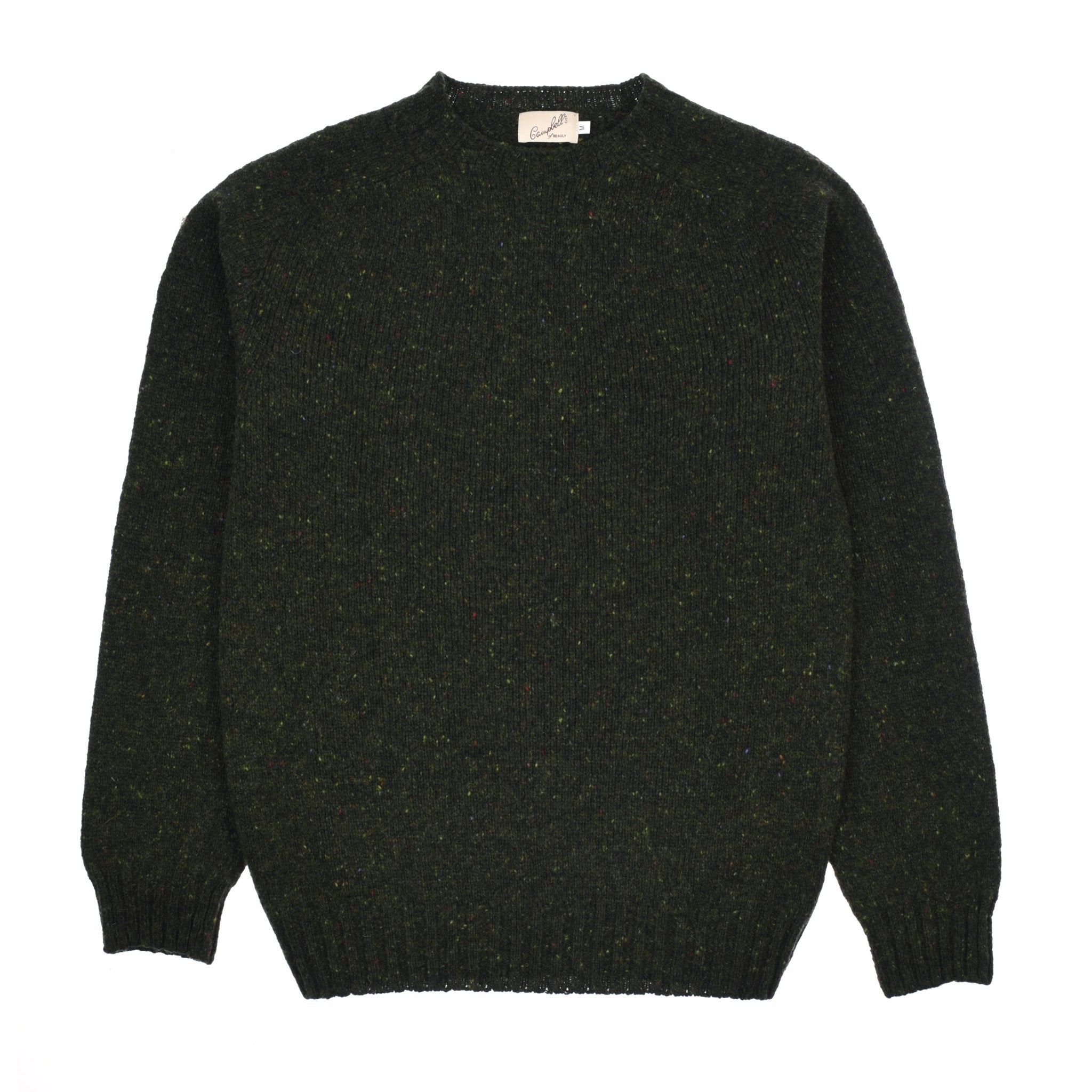 The Campbells of Beauly Donegal Lambswool Crew Neck Jumper in Harris features long sleeves, a crew neckline, and ribbed cuffs and hem, crafted from flecked lambswool and shown laid flat on a white background.