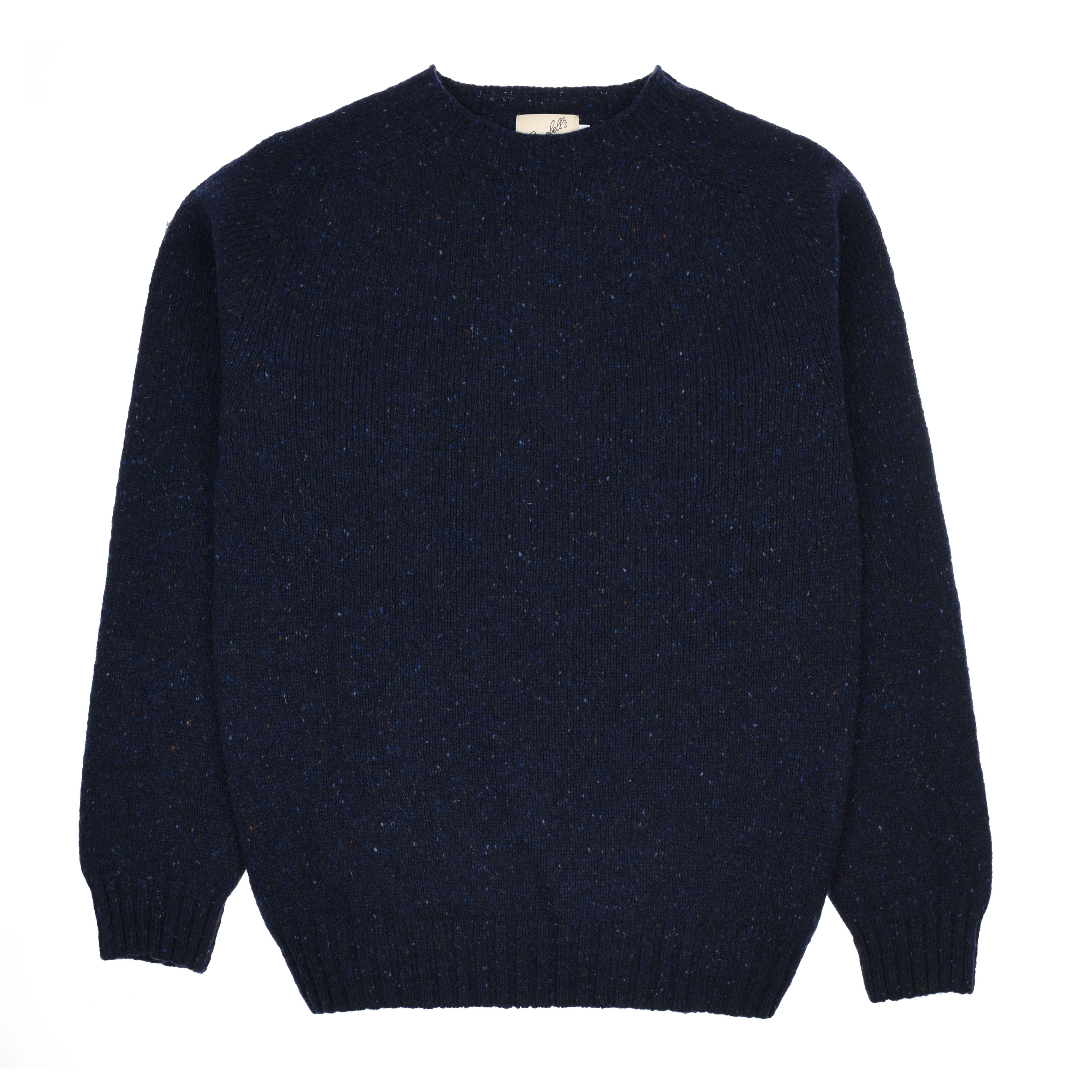A navy blue Campbells of Beauly Donegal Lambswool Crew Neck Jumper with long sleeves, flecked texture, and ribbed cuffs, hem, and collar is shown laid flat on a white background.
