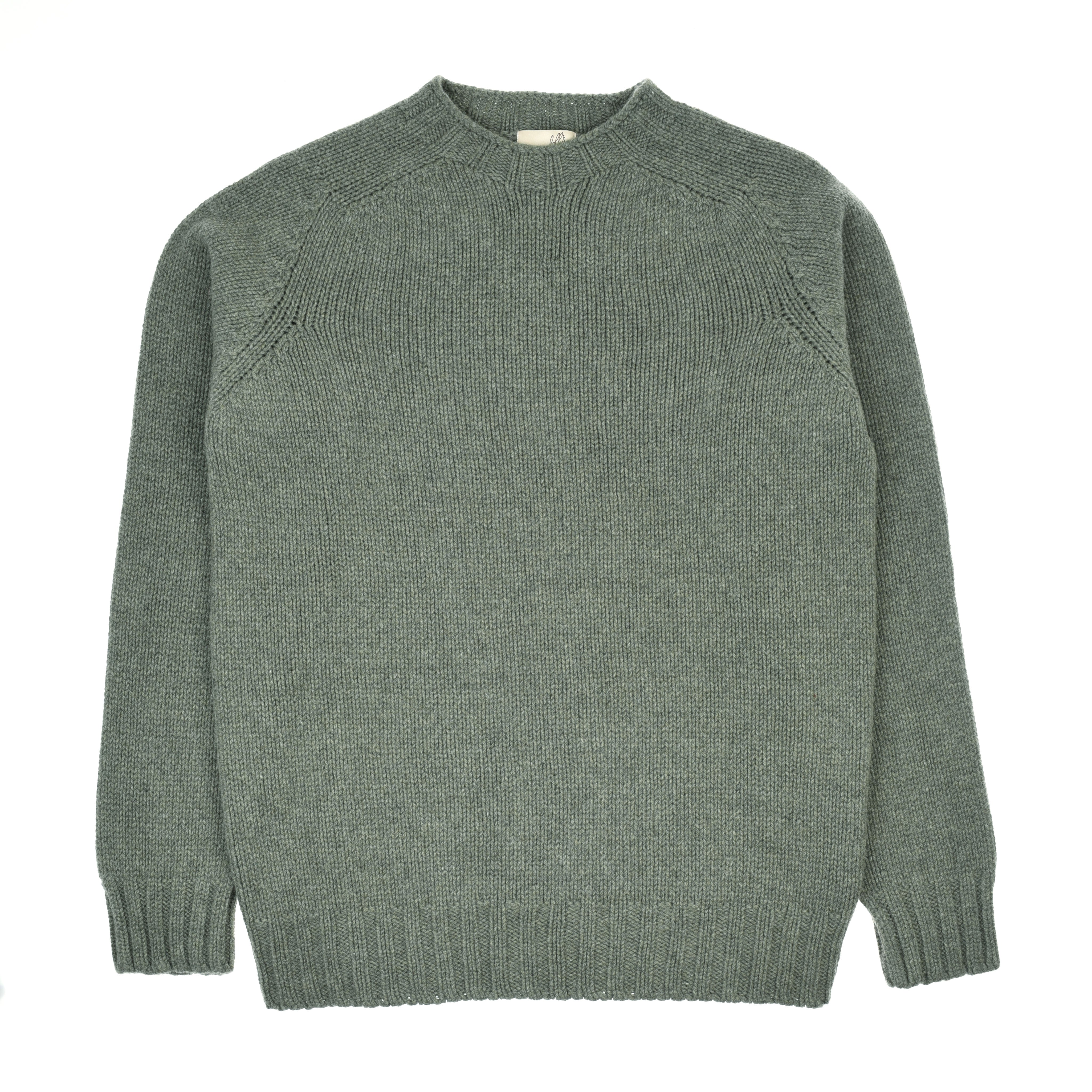 The Campbells of Beauly Geelong Lambswool Chunky Crew Jumper is a plain, muted green long-sleeve knit with ribbed cuffs and hem, a crew neckline, and no visible patterns or logos, crafted from soft Geelong lambswool.